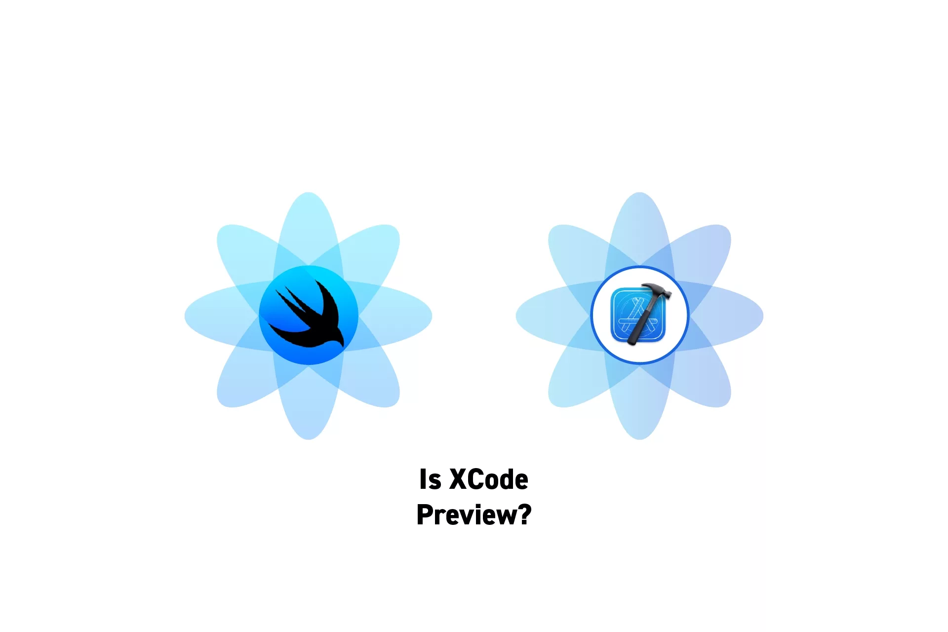 Two flowers that represents SwiftUI and XCode side by side with the text “Is XCode Preview” beneath it.