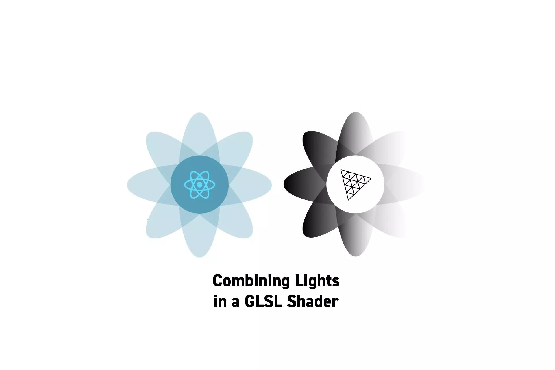 Two flowers that represent ReactJS and ThreeJS with the text "Combining Lights in a GLSL Shader" beneath them.