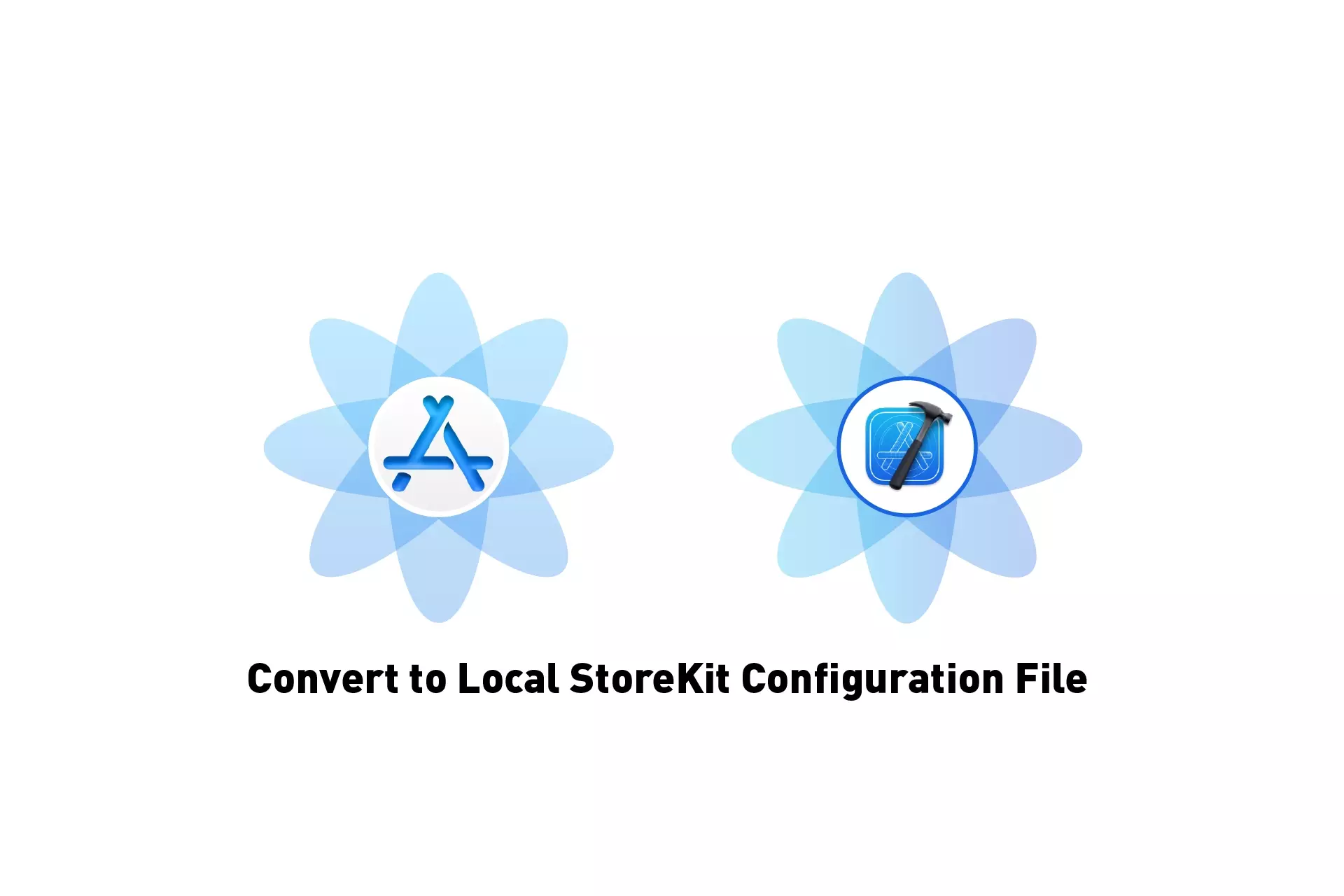 A flower that represents App Store Connect next to one that represents Xcode. Beneath it sits the text "Convert to Local StoreKit Configuration File."