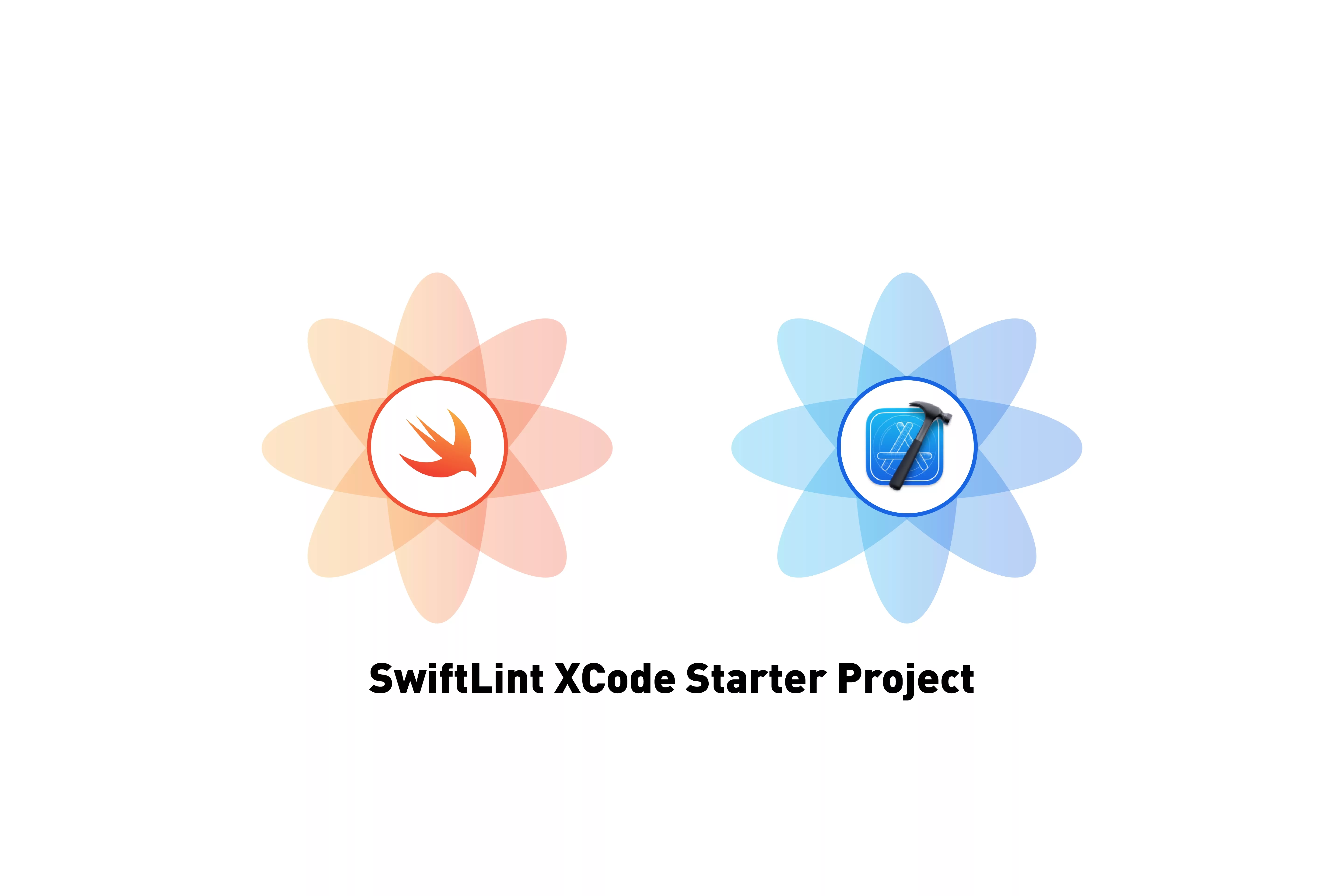 A flower that represents Swift next to a Flower that represents Xcode with the text 'SwiftLint Xcode Starter Project' below it.