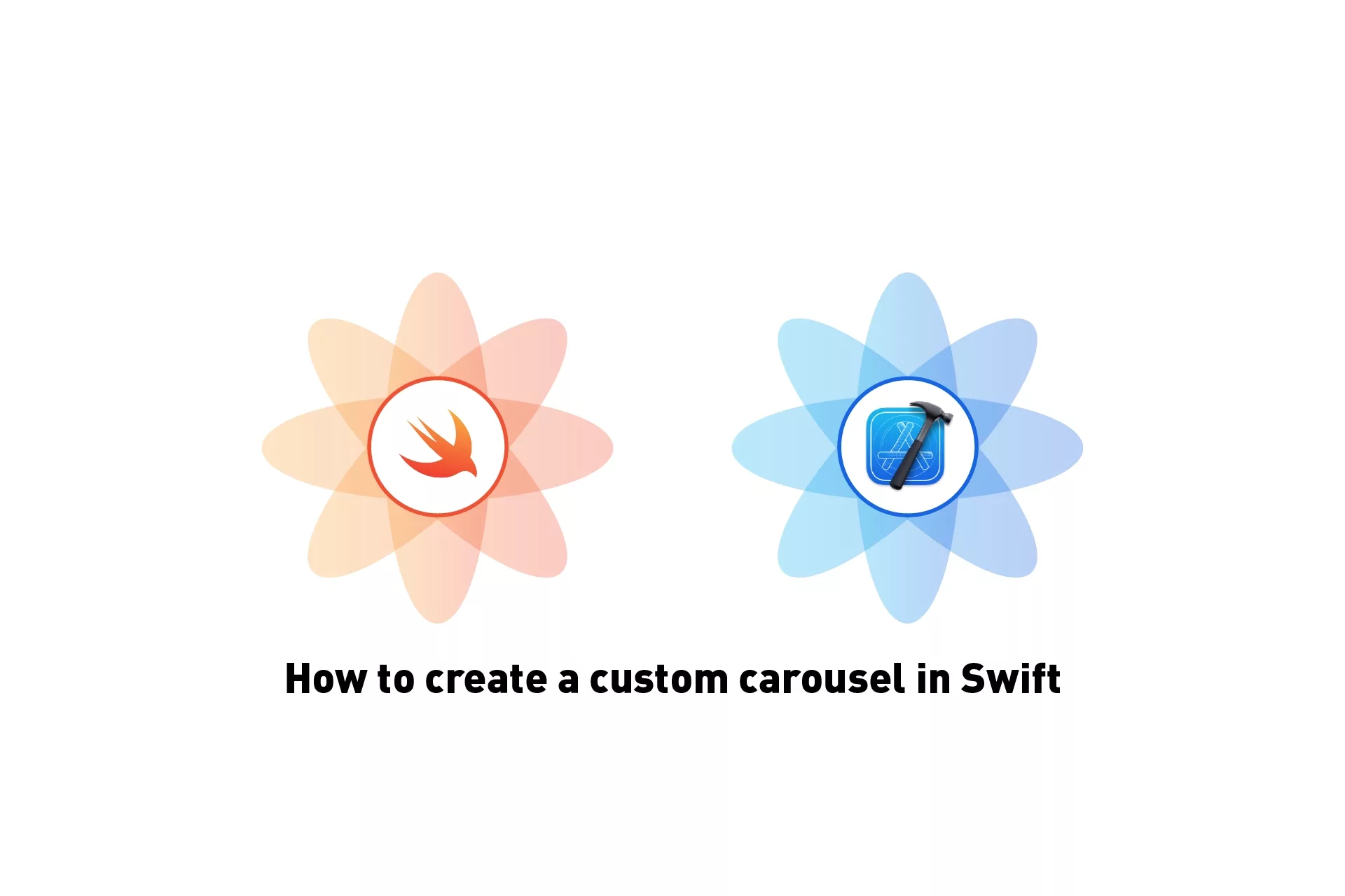 A flower that represents Swift next to a flower that represents XCode. Beneath it sits the text that states 'How to create a custom carousel in Swift'.