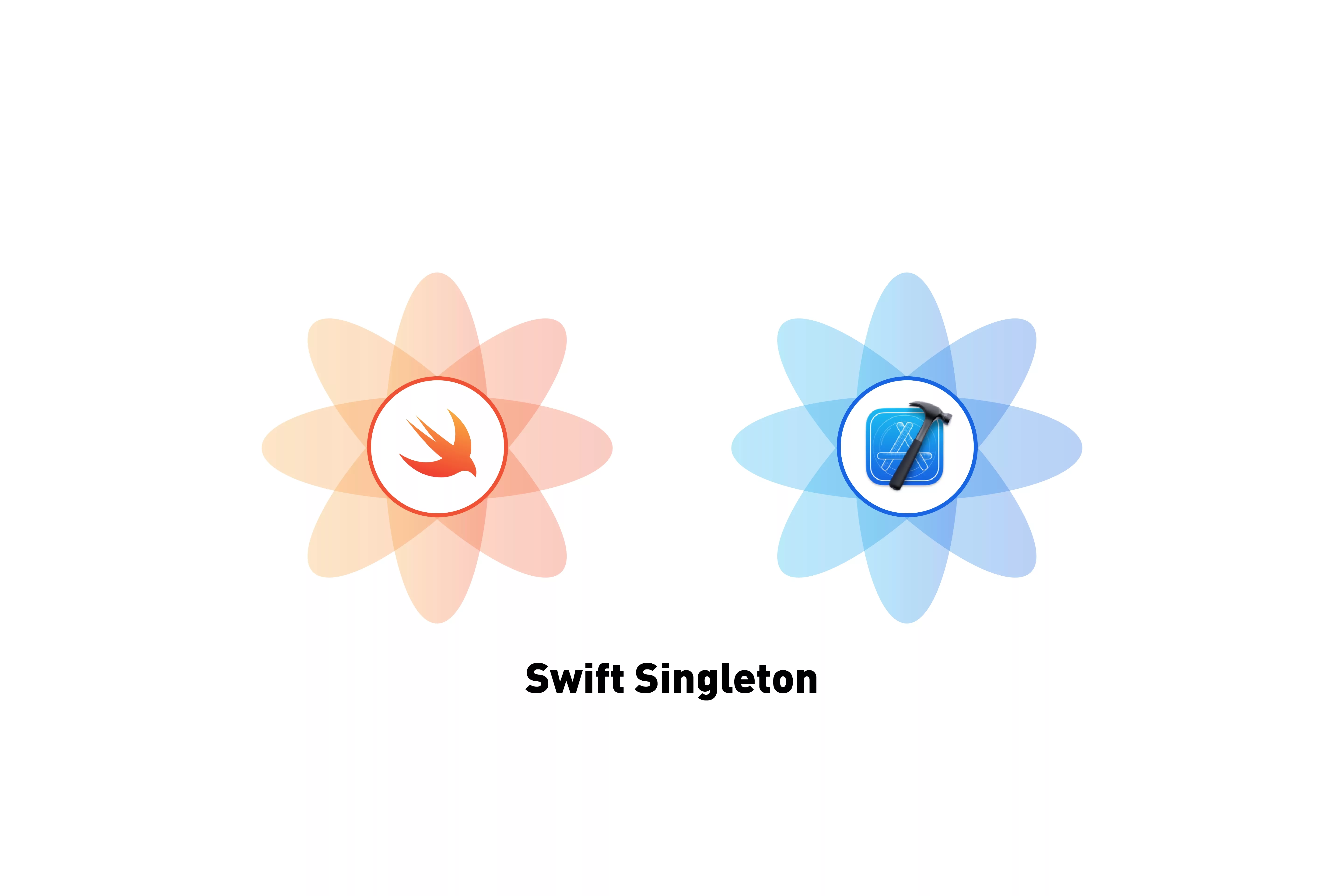 A flower that represents Swift next to a flower that represents XCode. Beneath it sits the text that states 'Swift Singleton'.
