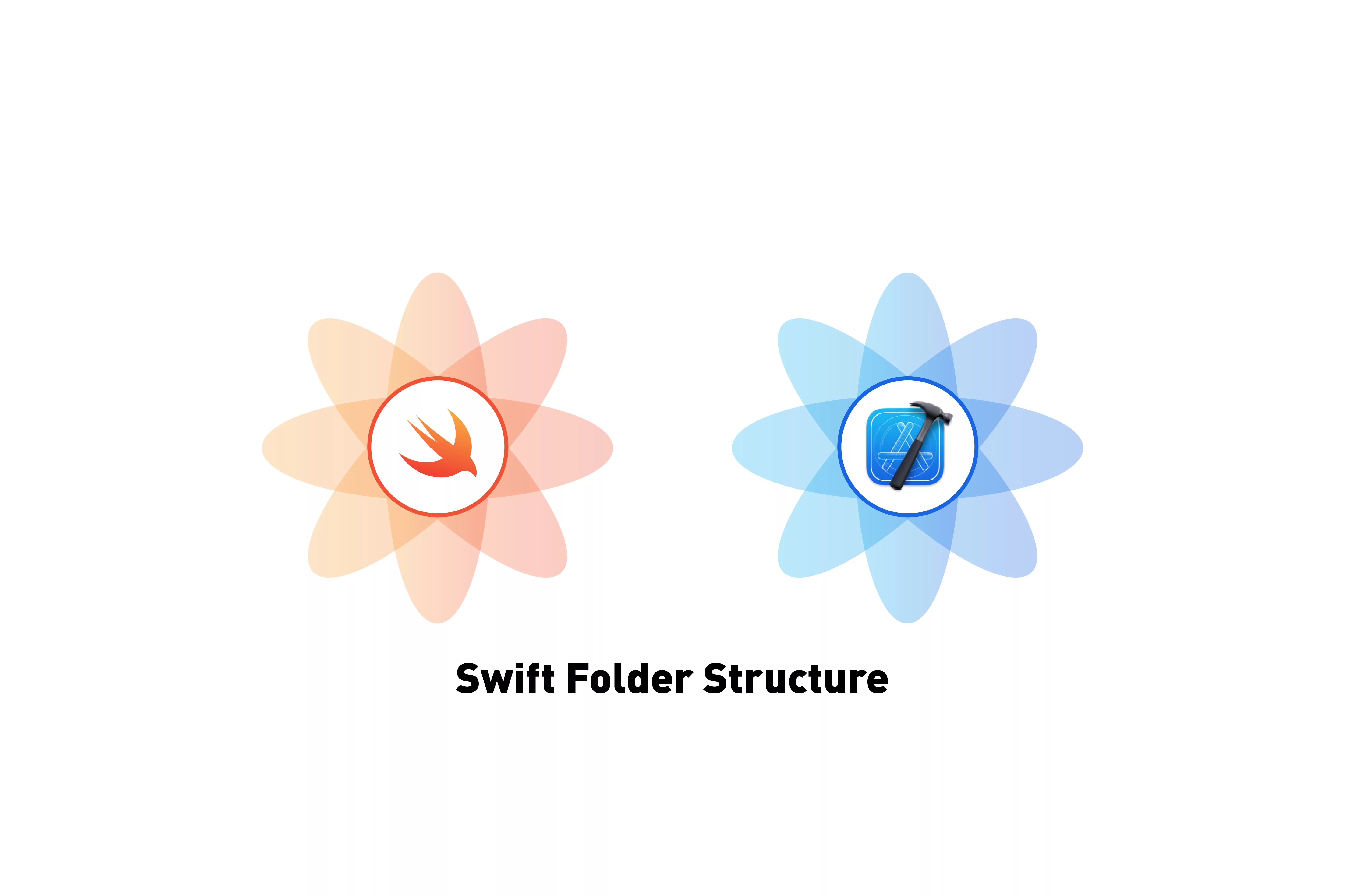 A flower that represents Swift next to a flower that represents Xcode. Beneath it sits 'Swift Folder Structure'