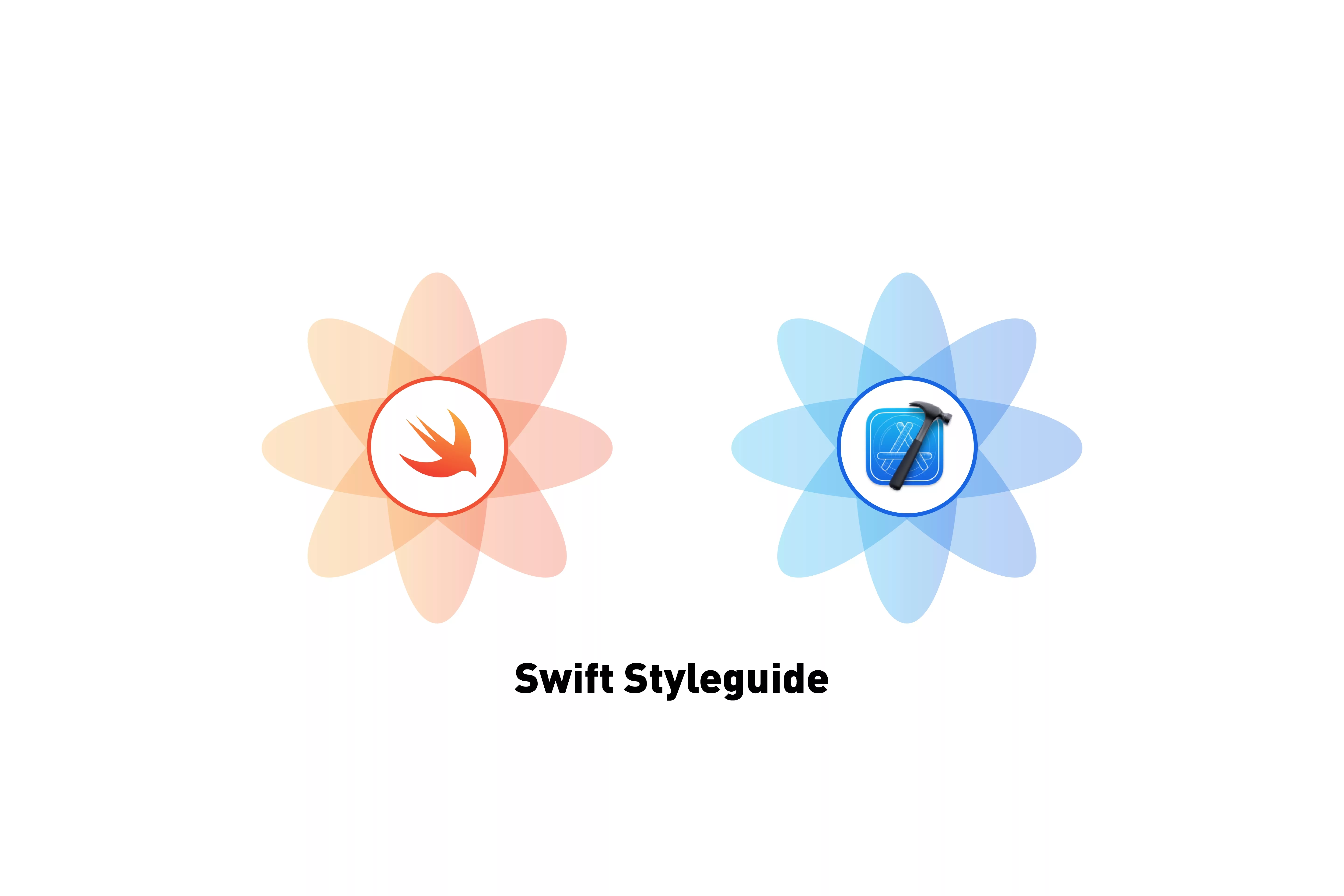 A flower that represents Swift next to a flower that represents XCode. Beneath it sits the text that states 'Swift Styleguide'.