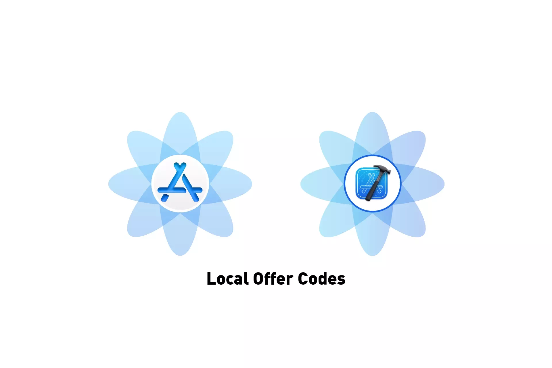 A flower that represents App Store Connect next to one that represents Xcode. Beneath it sits the text "Local Offer Codes."