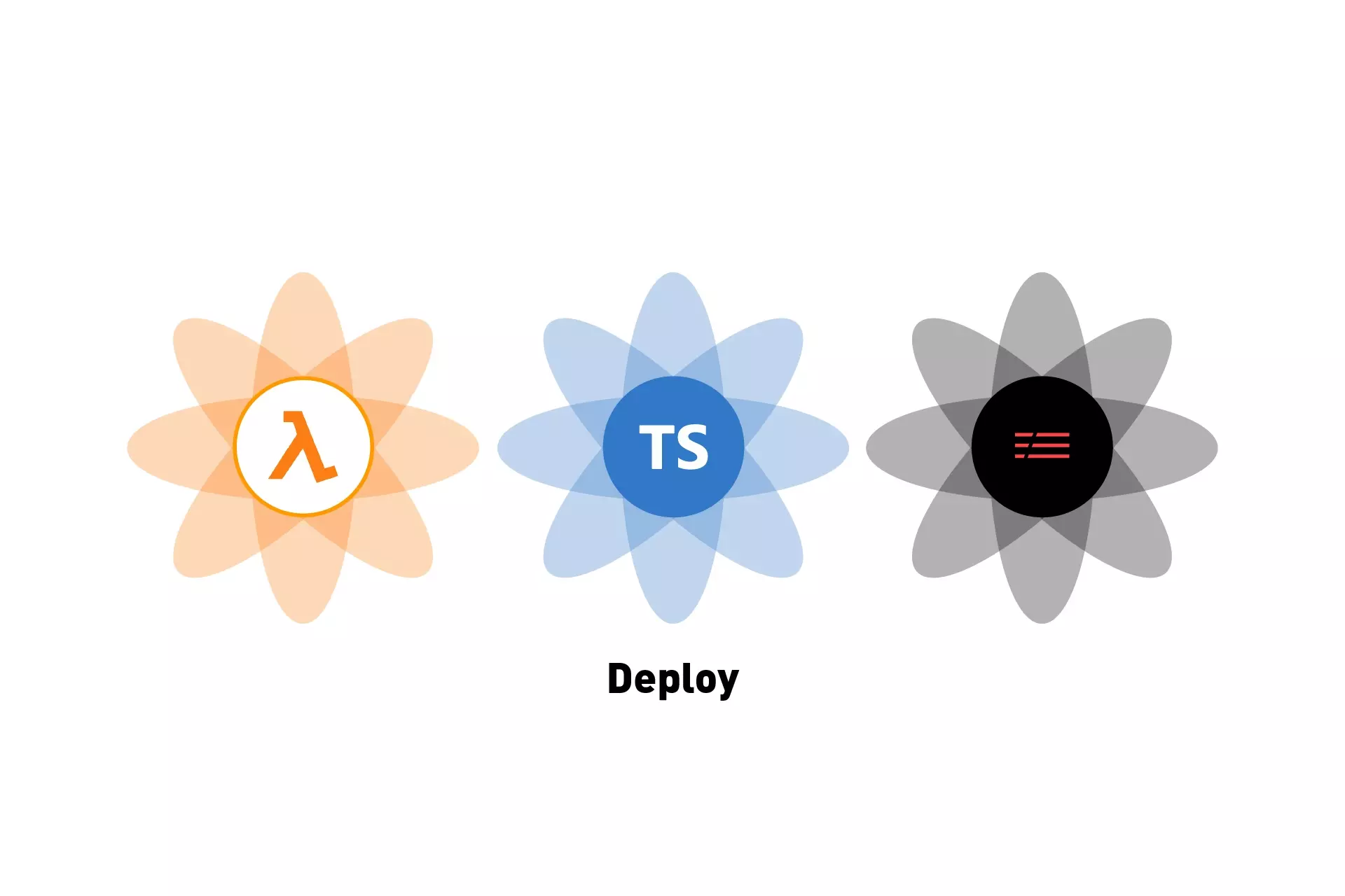 Three flowers that represent AWS Lambda, Typescript & Serverless side by side. Beneath it sits the text "deploy".