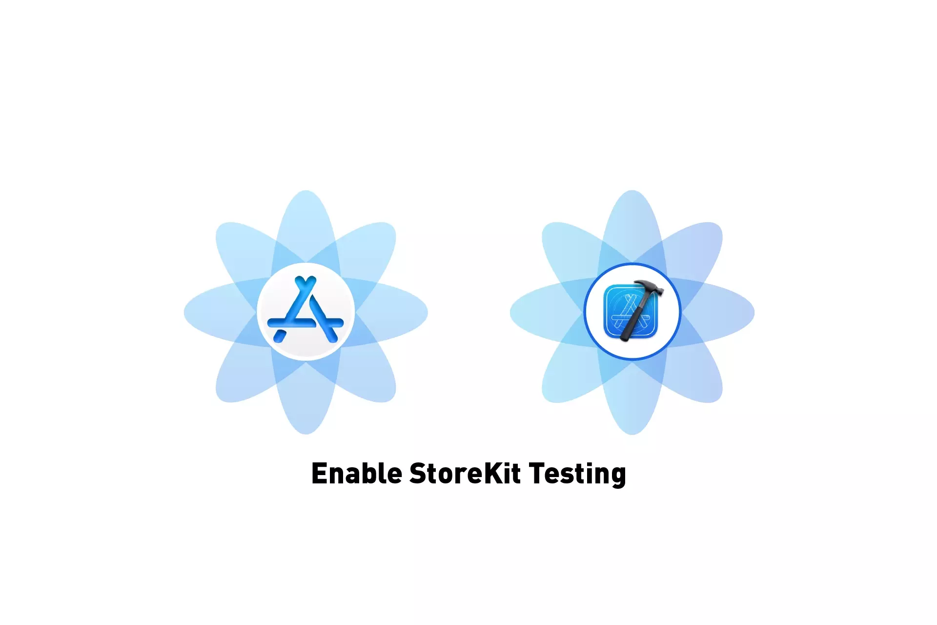 Two flowers that represents StoreKit and XCode side by side. Beneath them sits the text "Enable StoreKit Testing."
