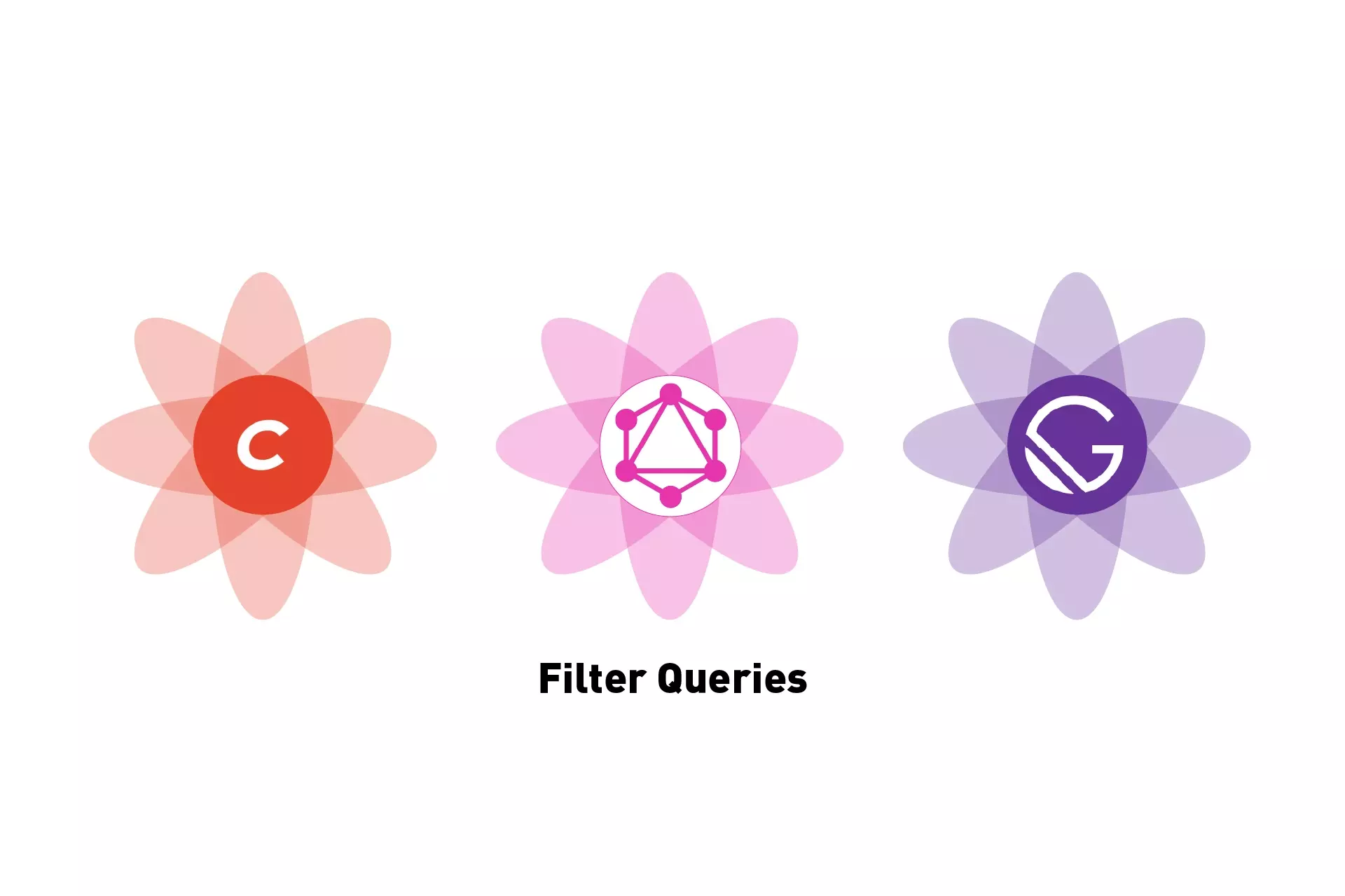 Three flowers that represent CraftCMS, GraphQL & GatsbyJS side by side. Beneath them sits the text "Filter Queries".