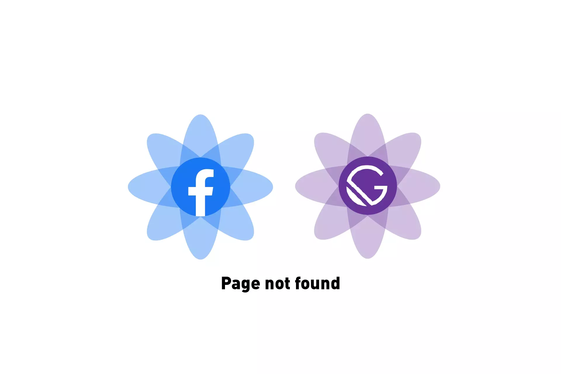 Two flowers that represent Facebook and Gatsby side by side with the text "Page not found" below it.