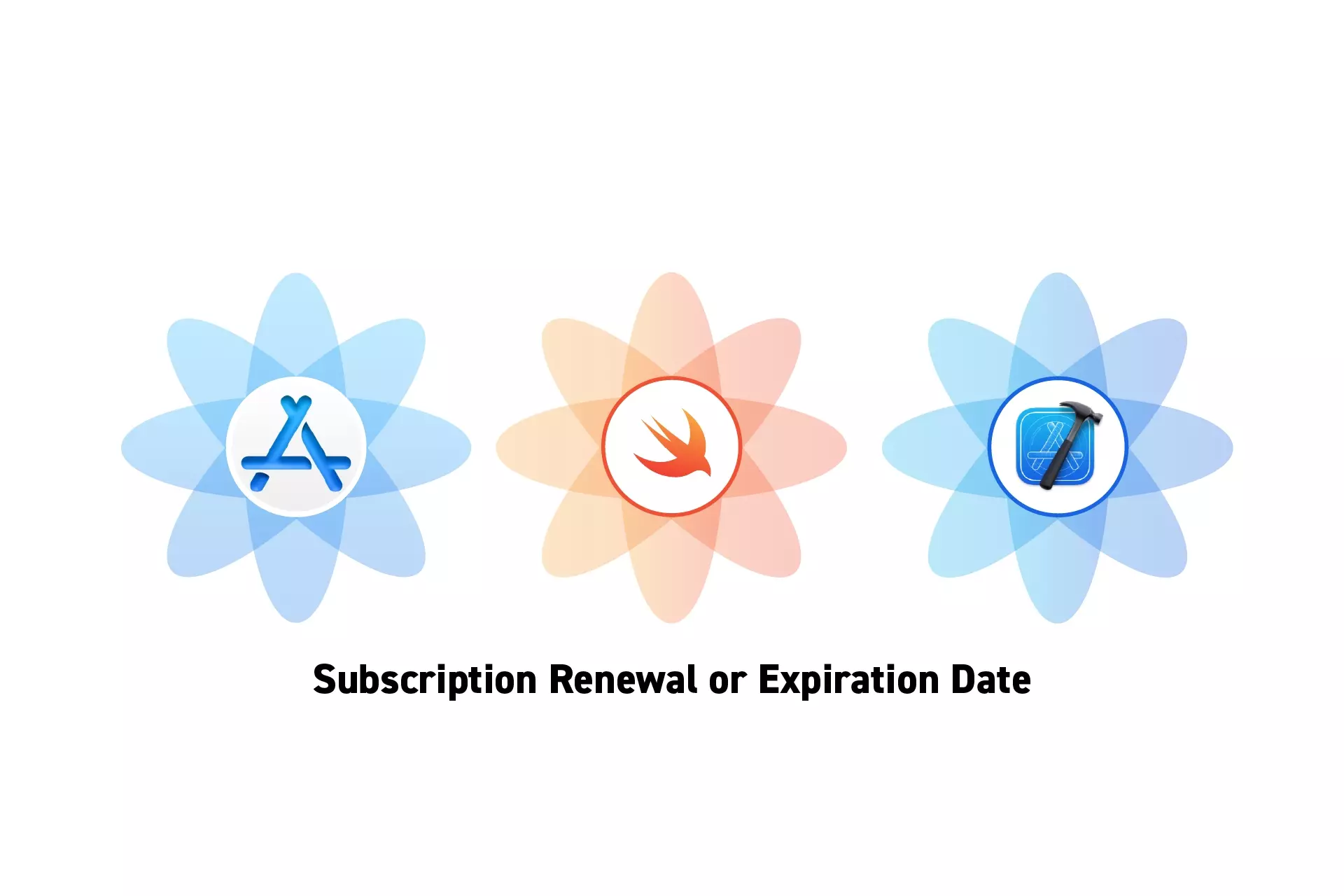 Three flowers that represent StoreKit, Swift and XCode side by side. Beneath them sits the text “Subscription Renewal or Expiration Date.”