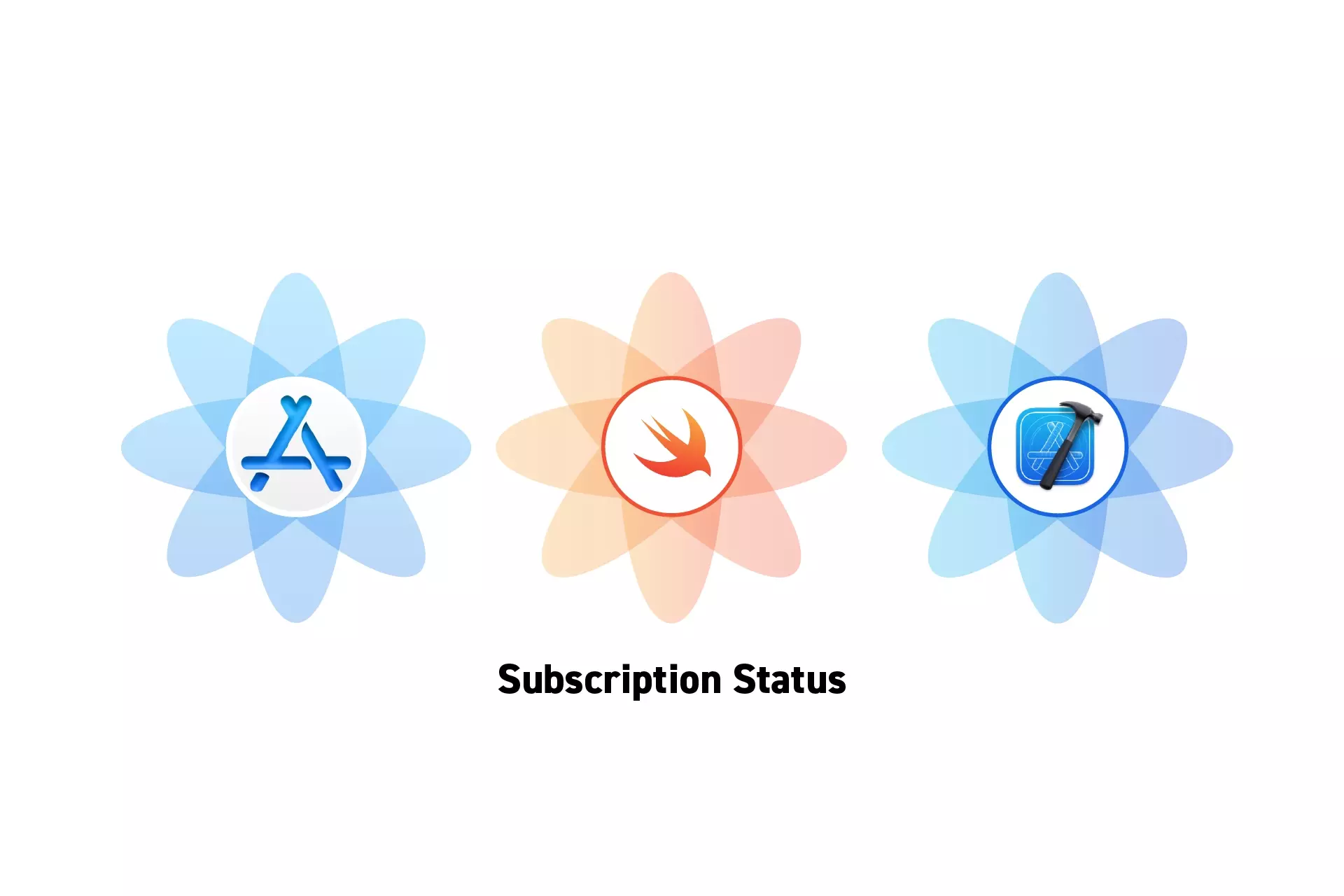 Three flowers that represent StoreKit, Swift and XCode side by side. Beneath them sits the text “Subscription Status.”
