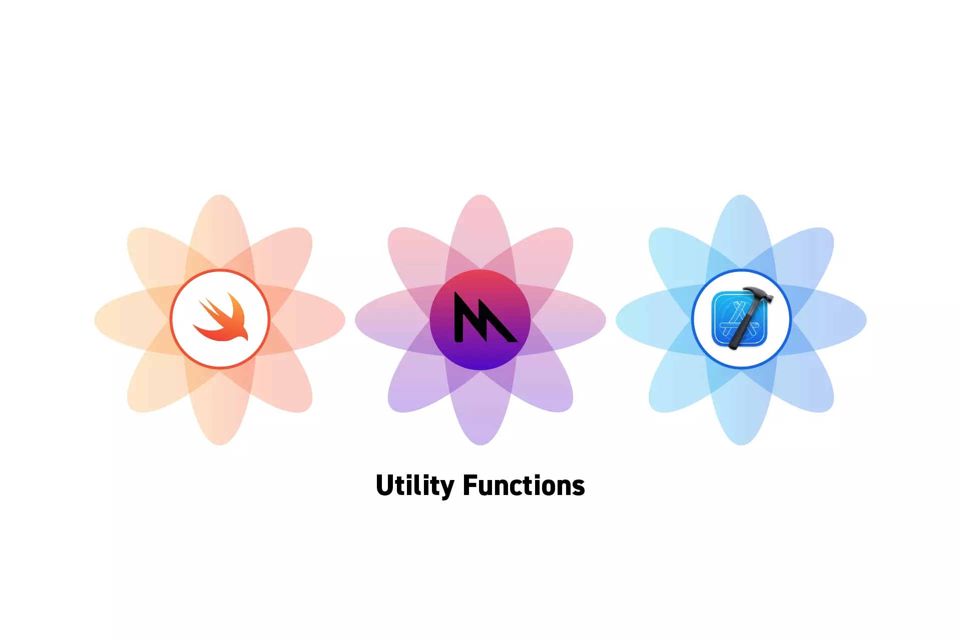 Three flowers that represent Swift, Metal and Xcode side by side. Beneath them sits the text "Utility Functions."