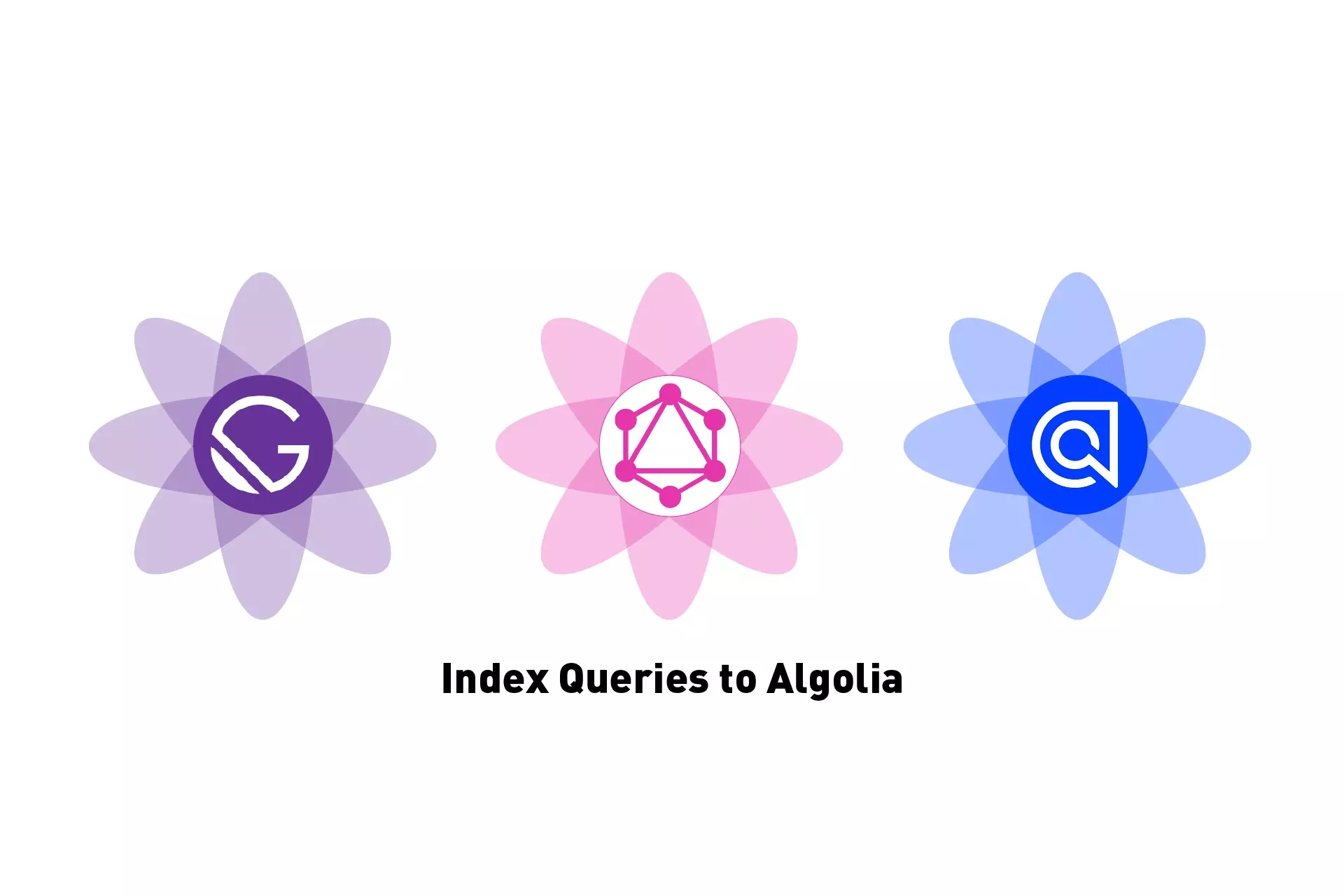 Three flowers that represent GatsbyJS, GraphQL and Algolia. Beneath it sits the text "Index Queries to Algolia."