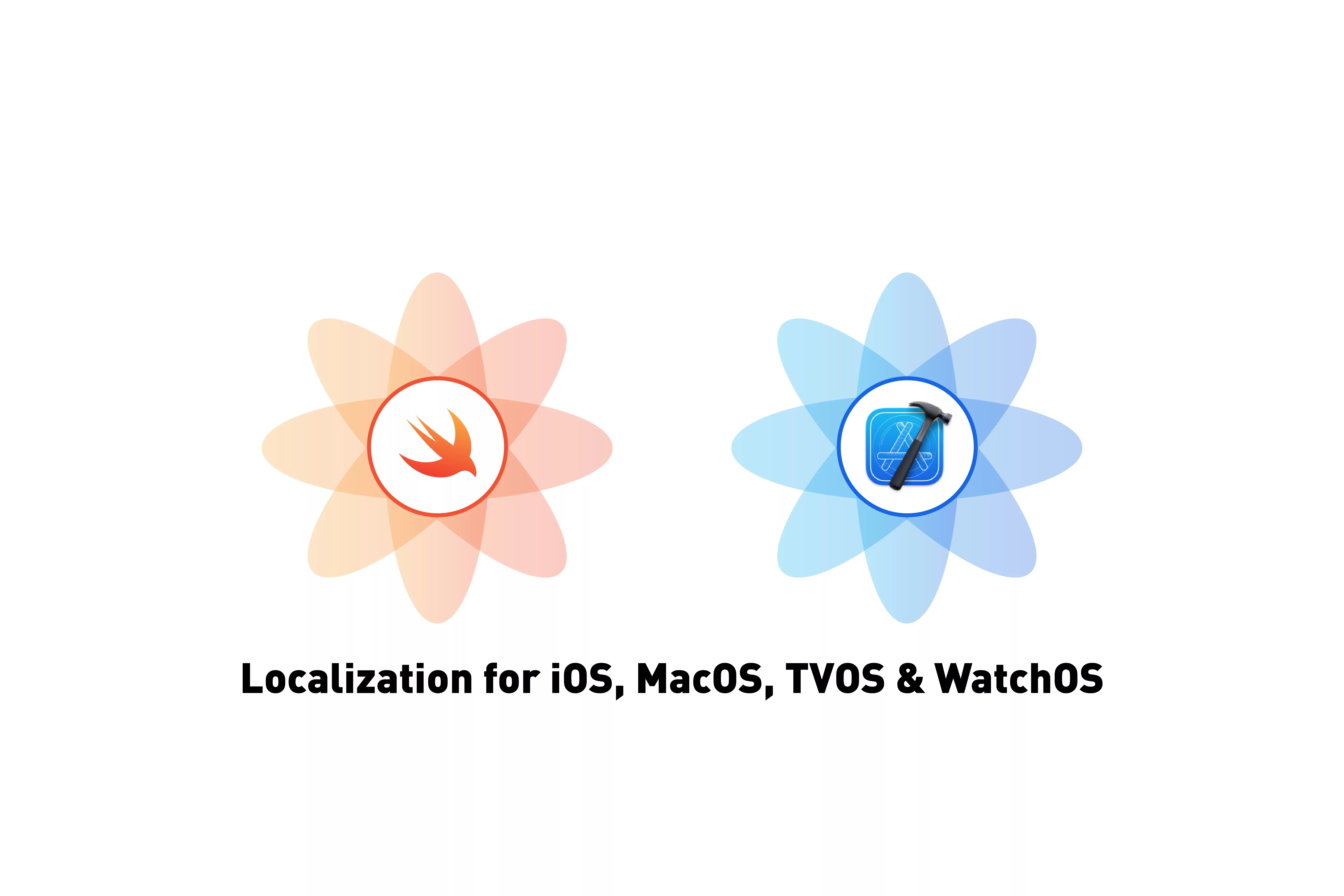 A flower that represents Swift next to a flower that represents XCode. Beneath it sits the text that states 'Localization for iOS, MacOS, TVOS & WatchOS'.