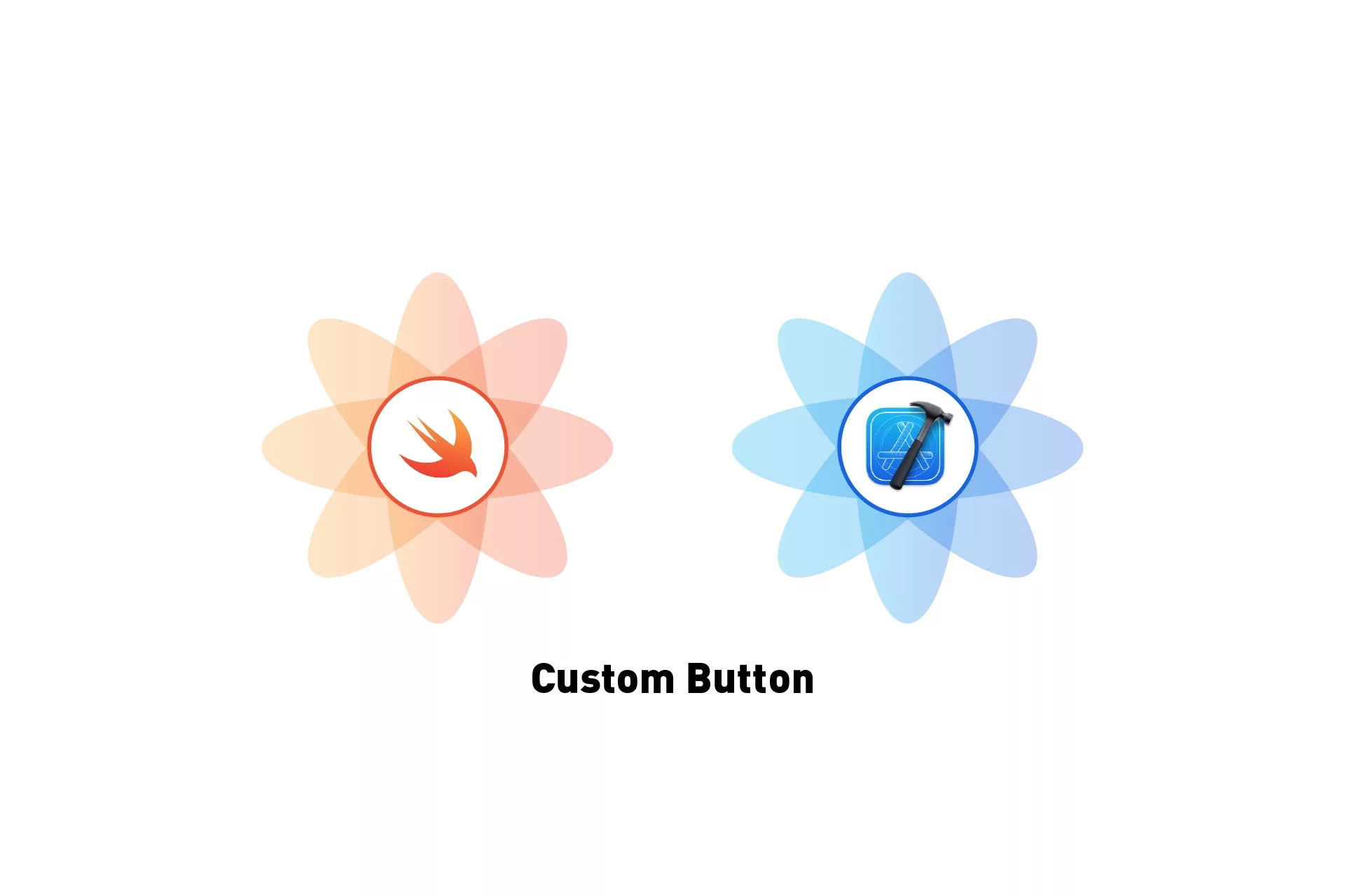 A flower that represents Swift next to a flower that represents XCode. Beneath it sits the text that states 'Custom Button'.