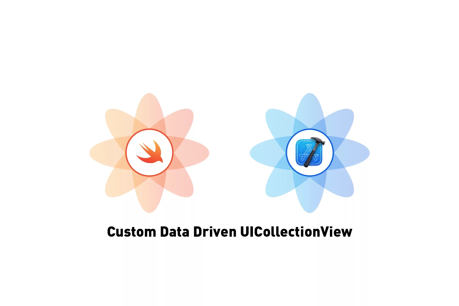 A flower that represents Swift next to a flower that represents XCode. Beneath it sits the text that states 'Custom Data Driven UICollectionView'.