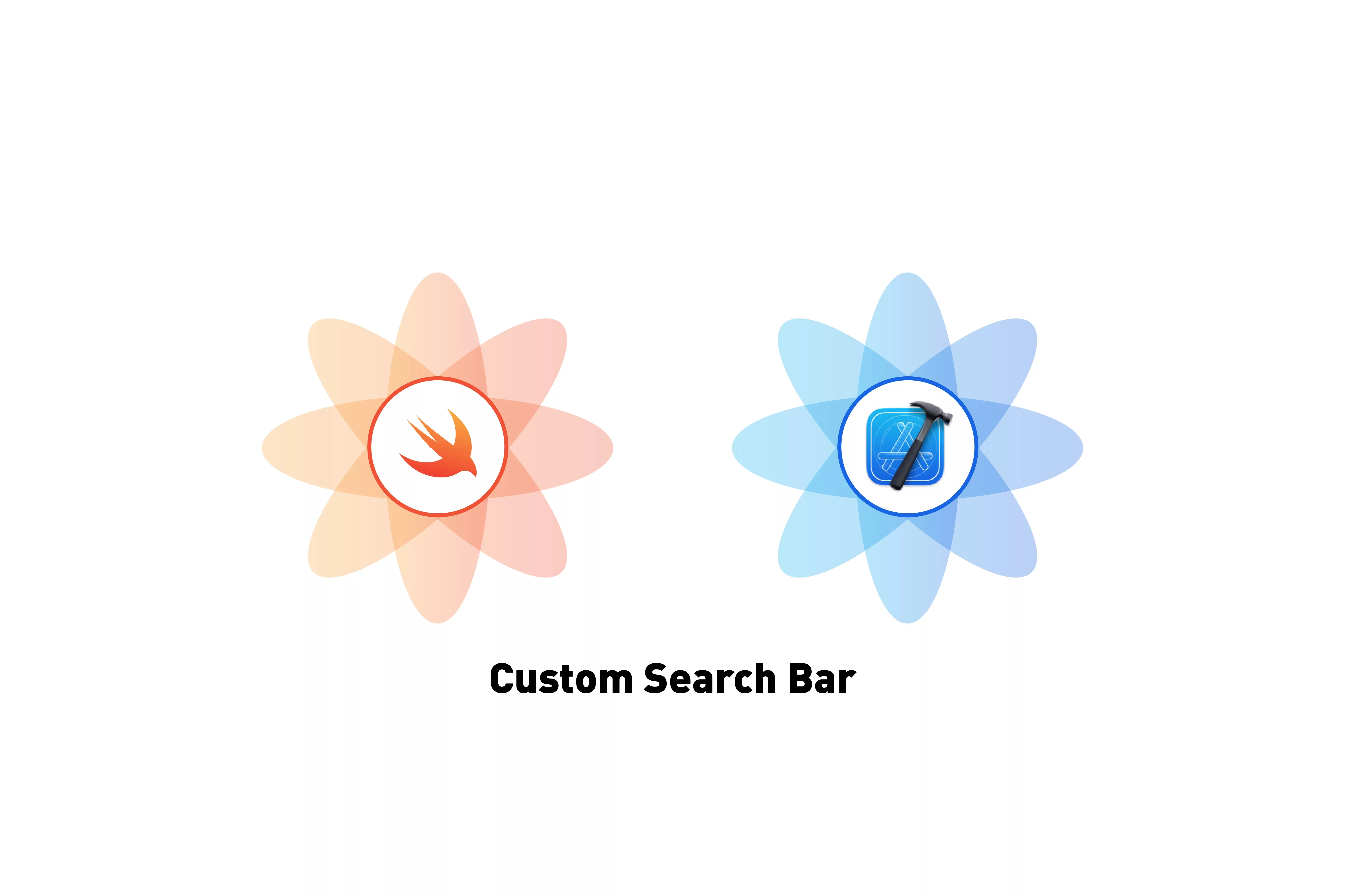 A flower that represents Swift next to a flower that represents XCode. Beneath it sits the text that states 'Custom Search Bar'.