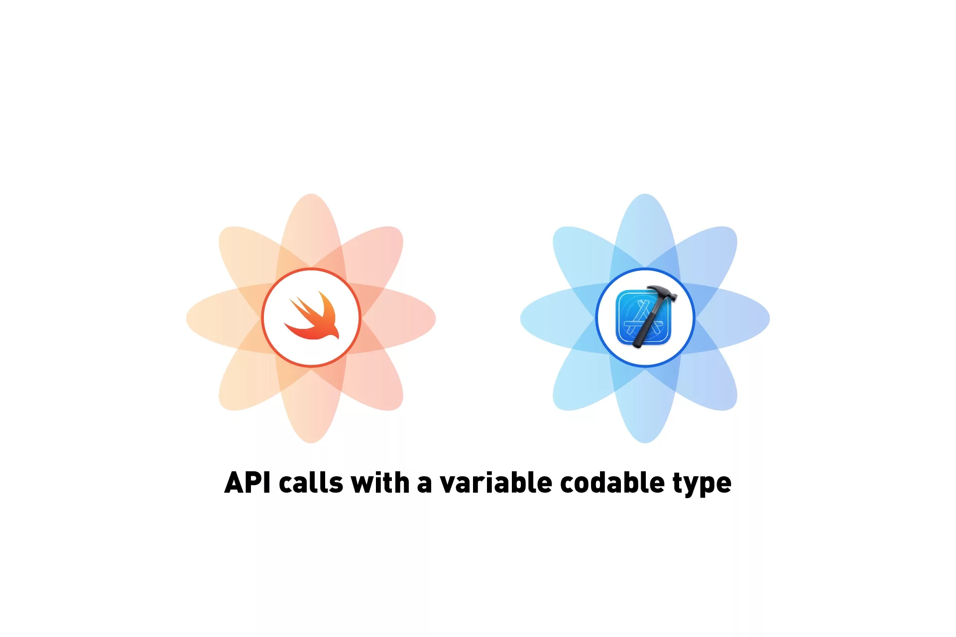 A flower that represents Swift next to a flower that represents XCode. Beneath it sits the text that states 'API call with a variable codable type'.