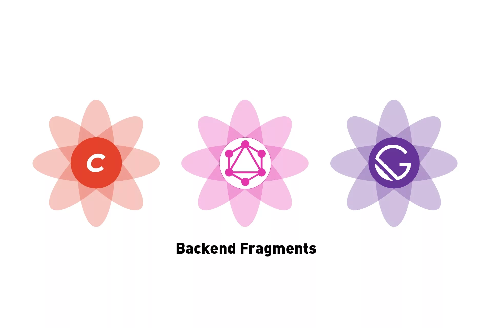 Three flowers that represent Craft CMS, GraphQL and GatsbyJS side by side, beneath it sits the text 'Backend Fragments'.