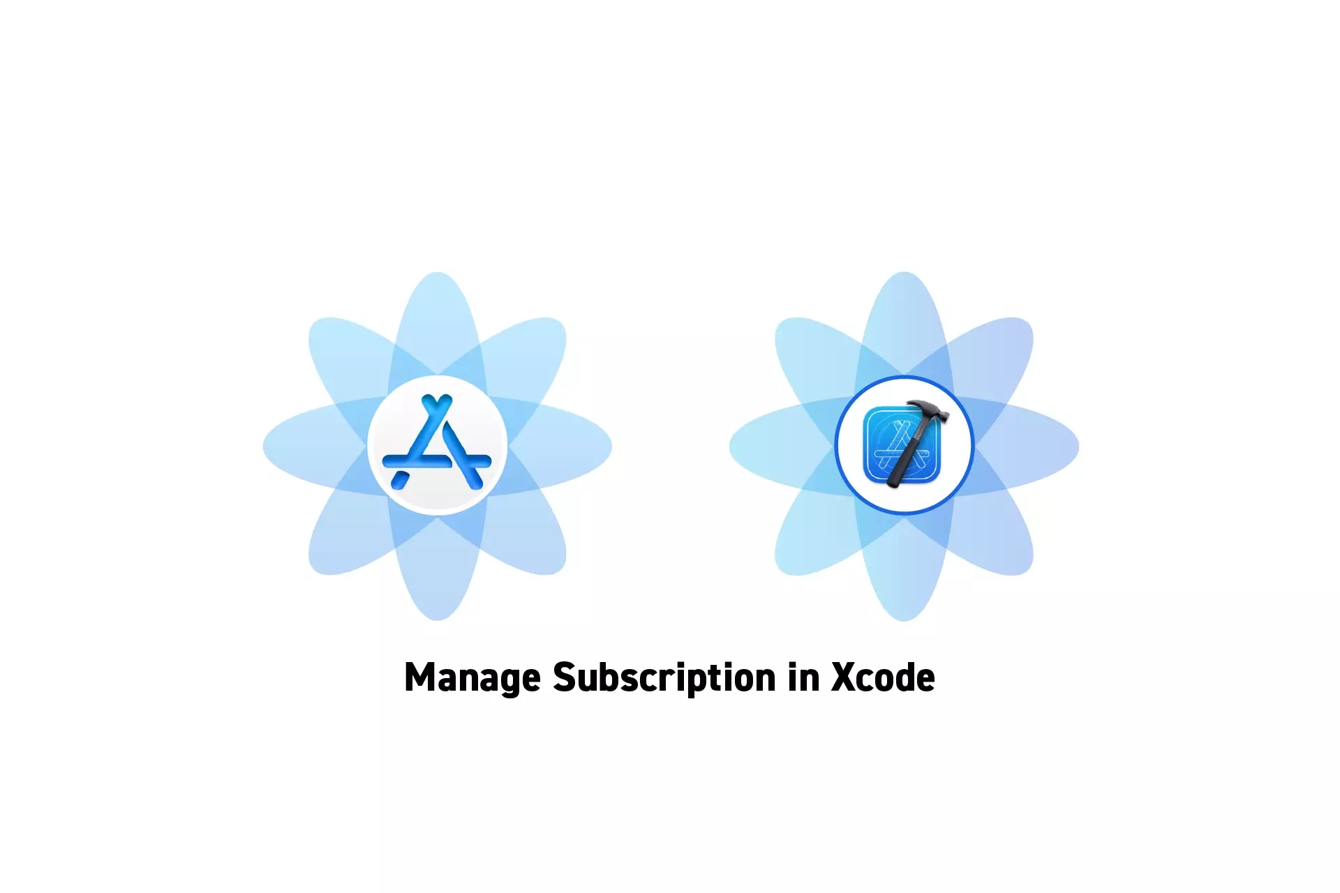 Two flowers that represent StoreKit and XCode side by side. Beneath them sits the text “Manage Subscription in Xcode.”