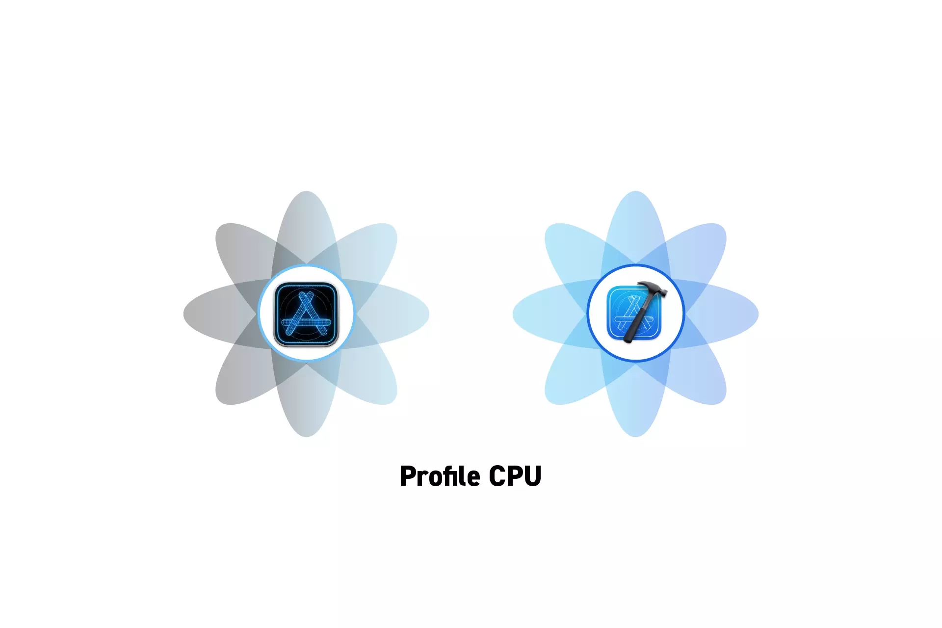 Two flowers that represent Instruments and Xcode side by side. Beneath them sits the text "Profile CPU."