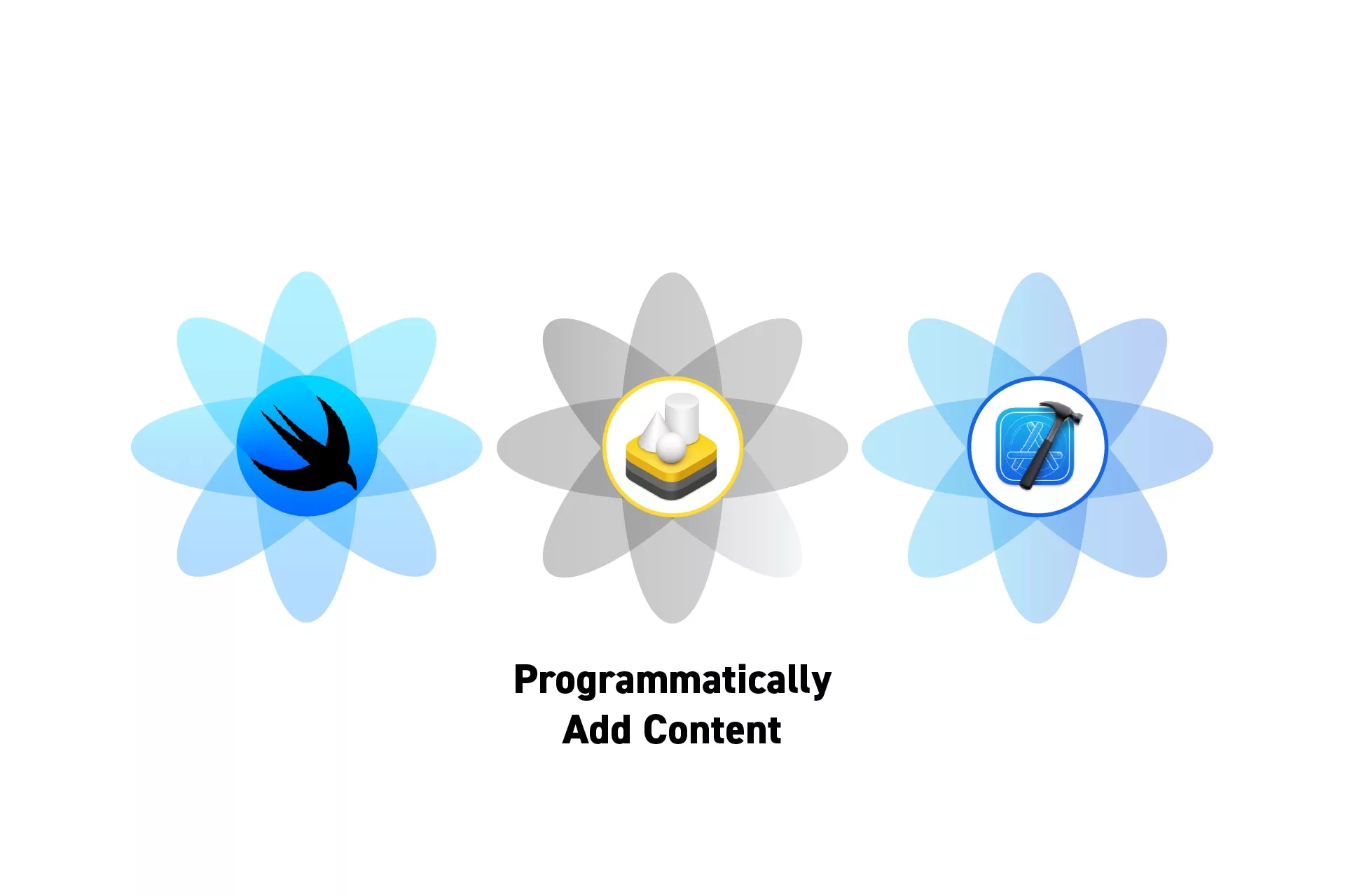 Three flowers that represent SwiftUI, RealityKit and XCode side by side. Beneath them sits the text "Programmatically Add Content".