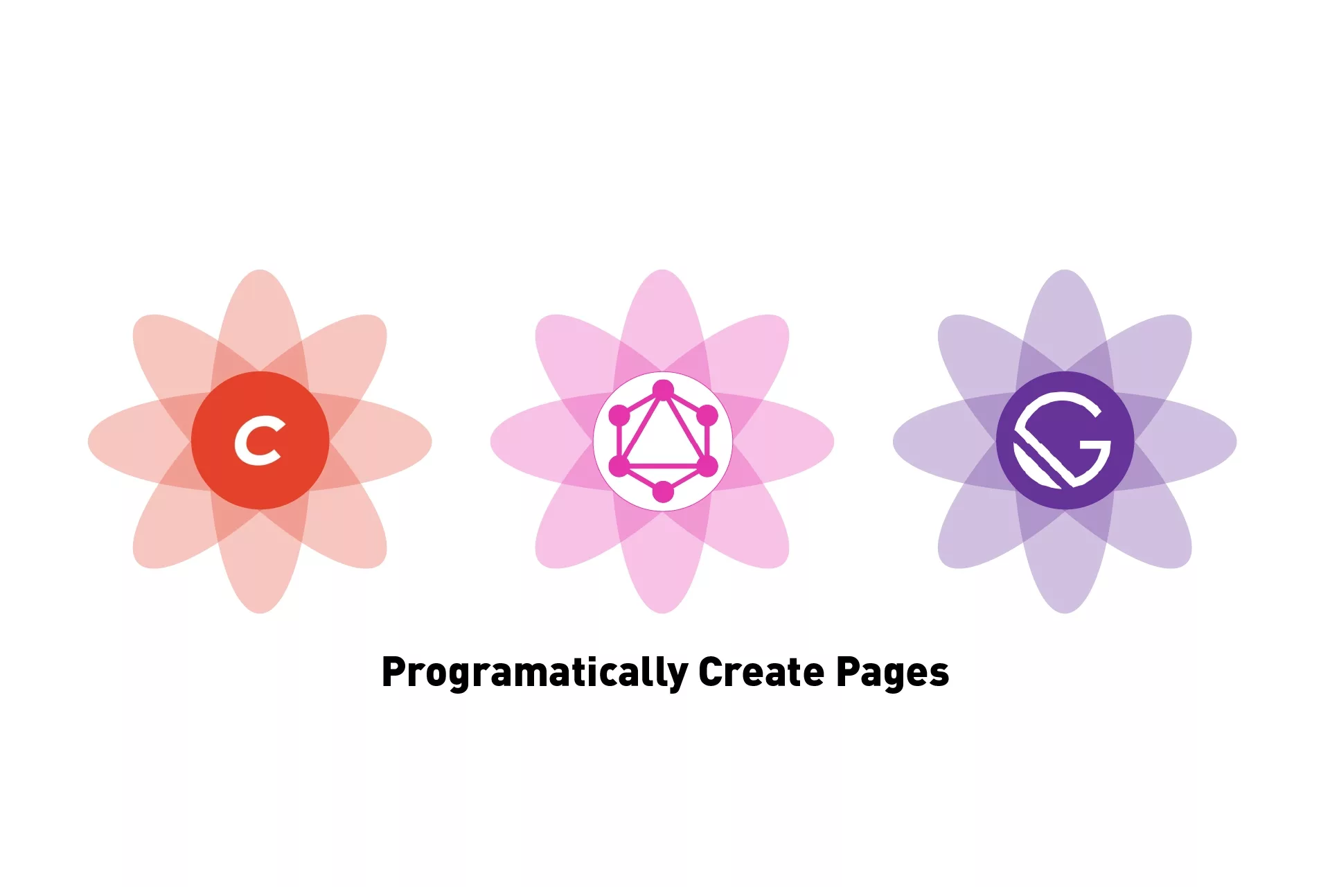 Three flowers that represent Craft CMS, GraphQL & Gatsby side by side, beneath them sits the text 'Programatically Create Pages'.