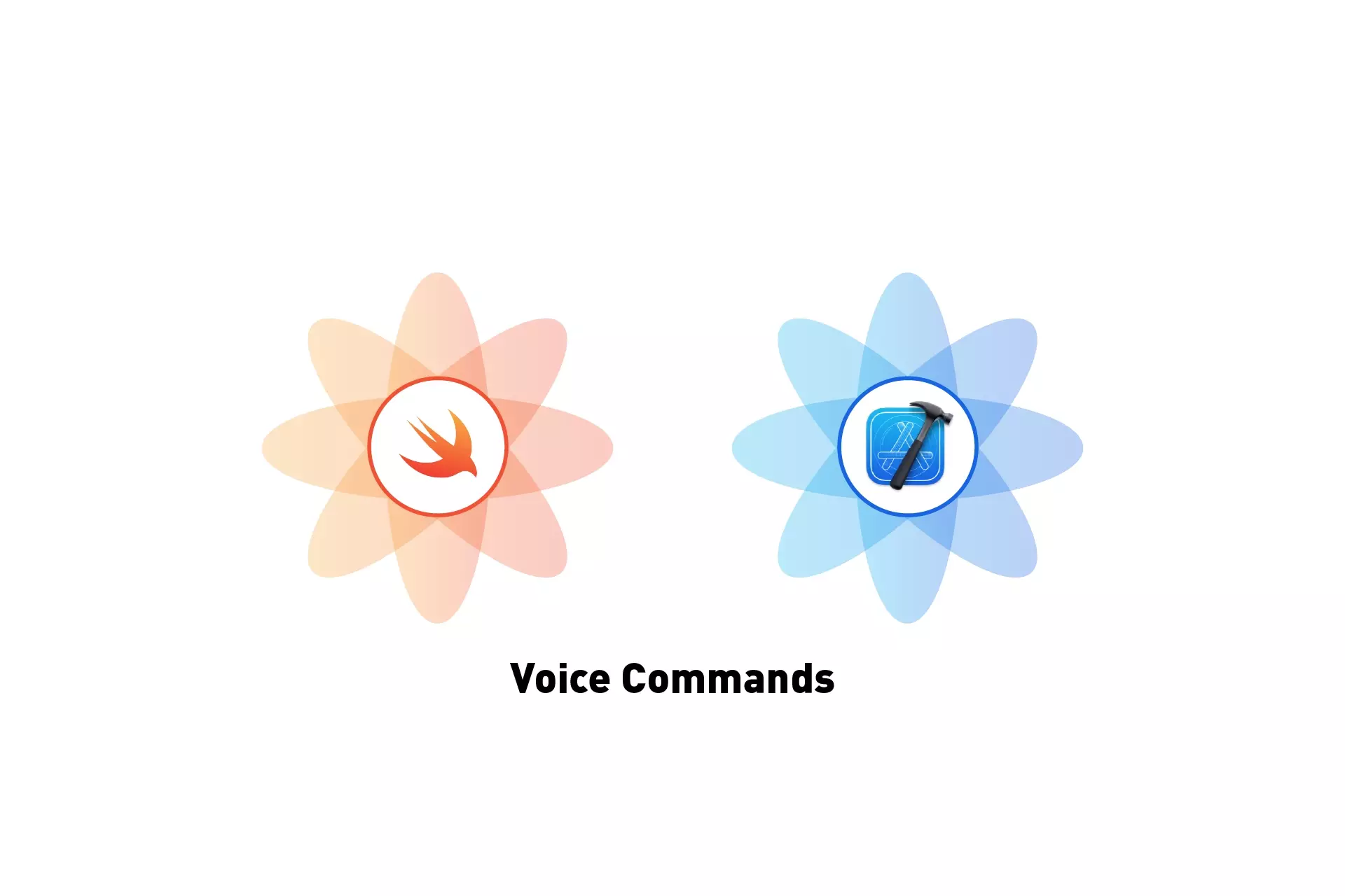 Two flowers that represent Swift and Xcode side by side. Beneath them sits the text "Voice Commands."