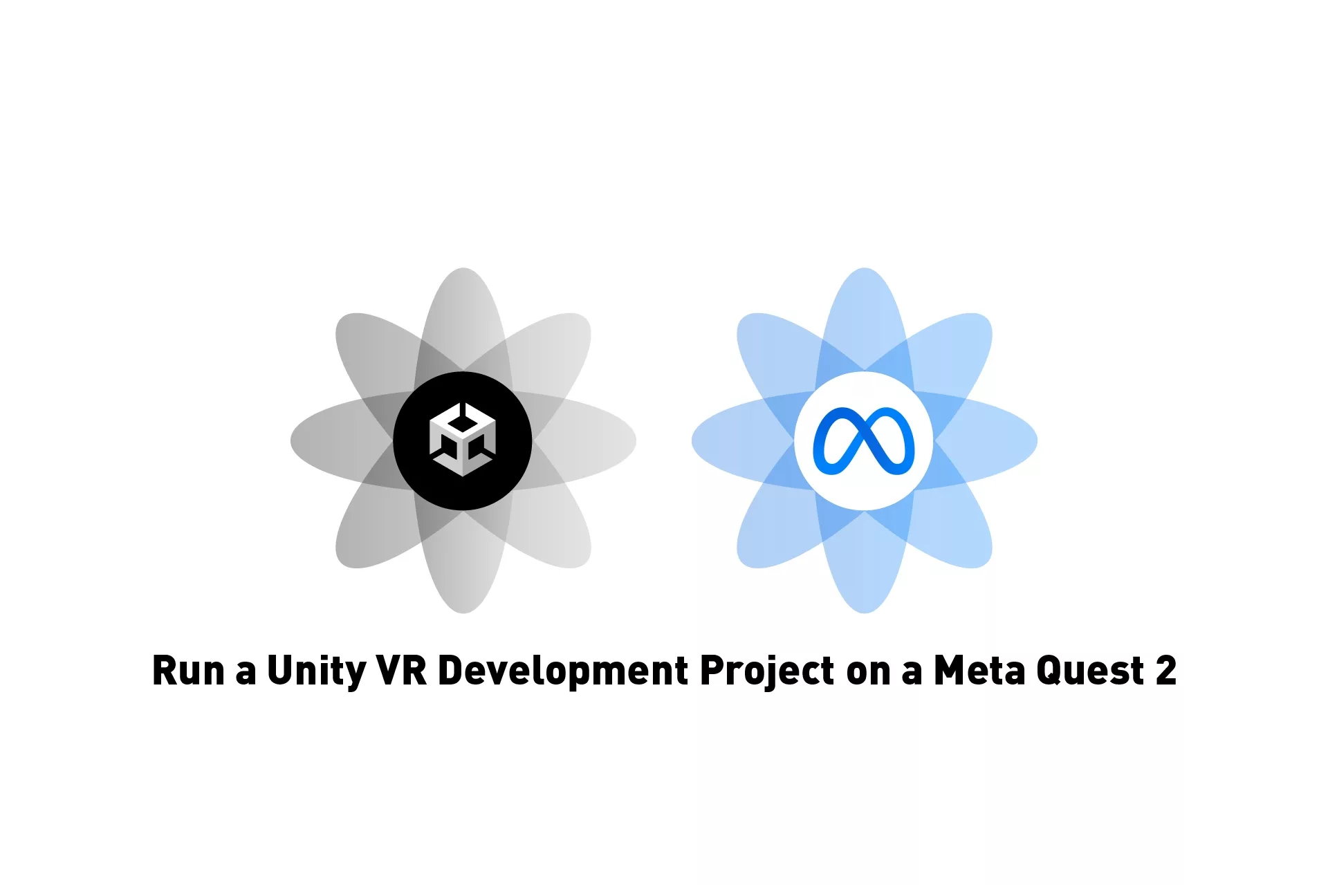 Two flowers that represent Unity and Meta side by side with the text "Run a Unity VR Development Project on a Meta Quest 2" beneath it.