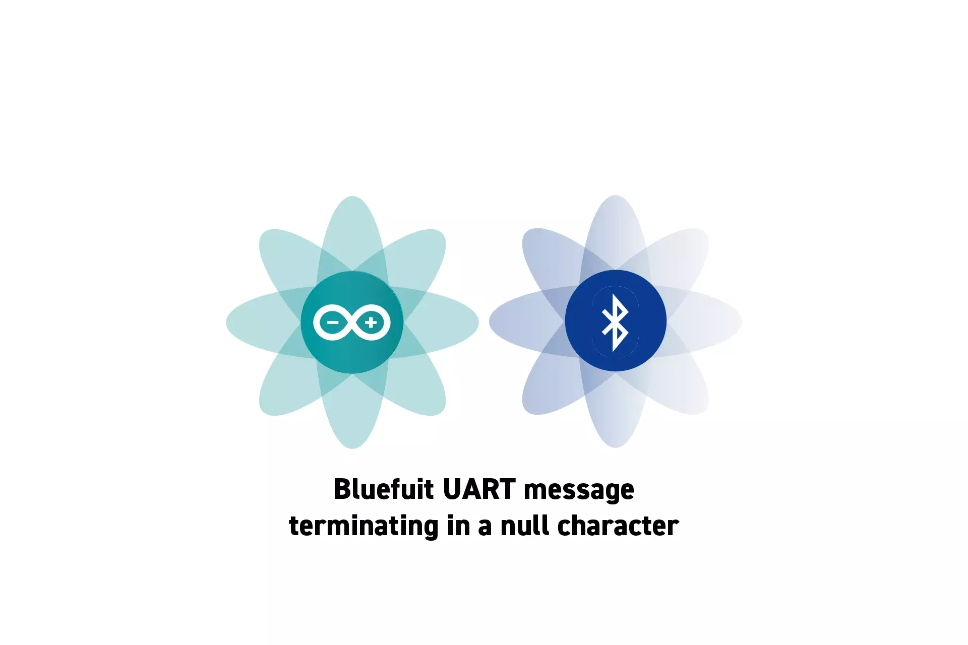 Two flowers that represent Arduino and Bluetooth side by side. Beneath them sits the text "Bluefuit UART message terminating in a null character."