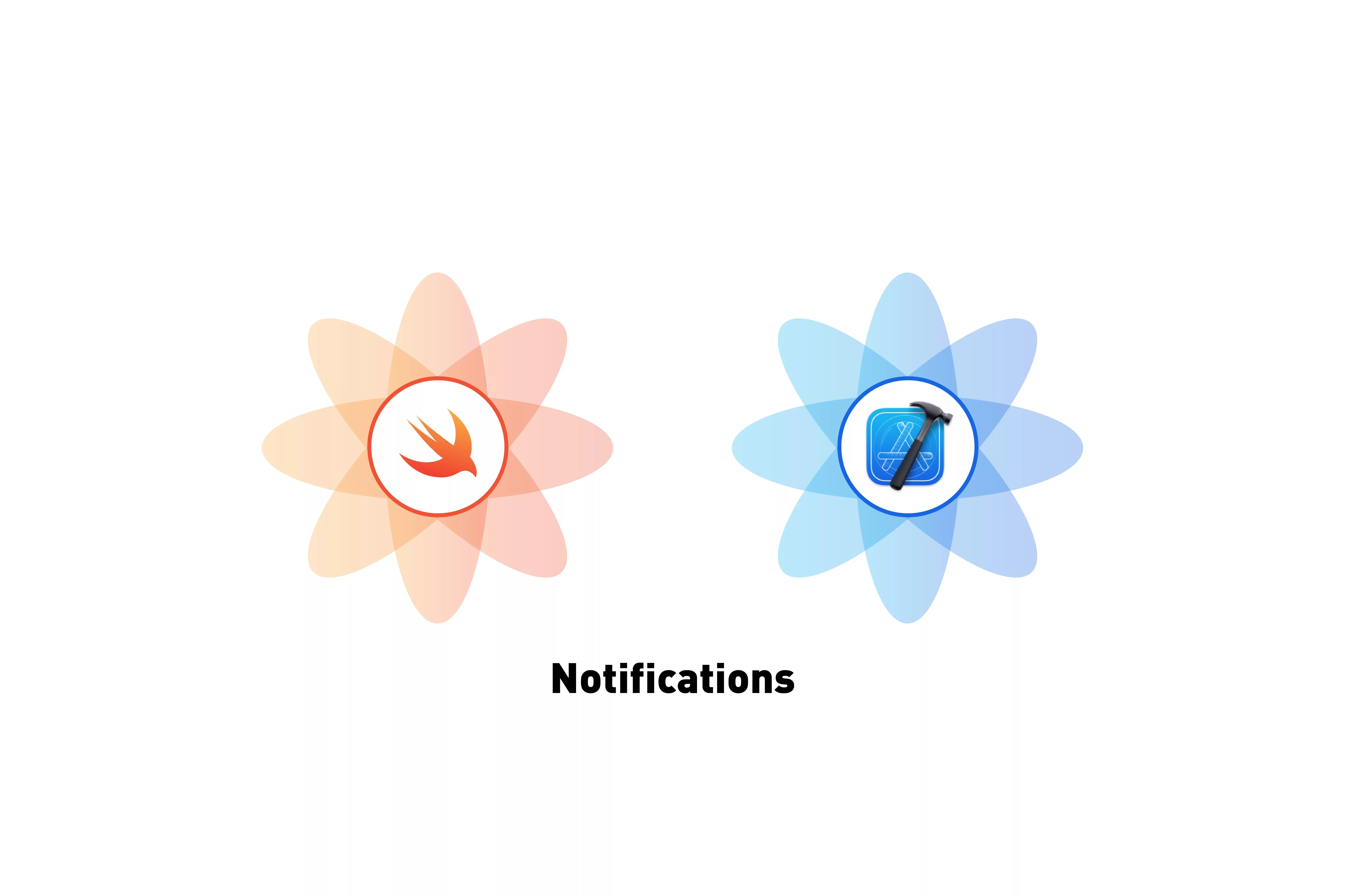 A flower that represents Swift next to a flower that represents XCode. Beneath it sits the text that states 'Notifications'.