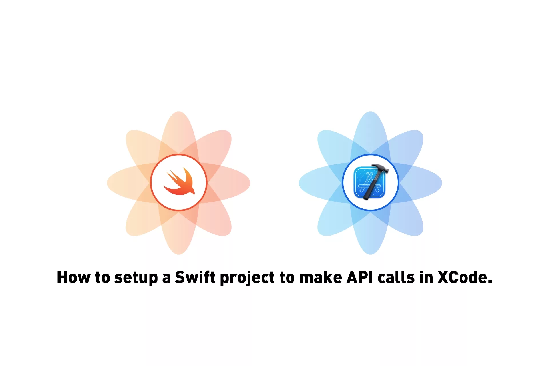 A flower that represents Swift next to a flower that represents XCode. Beneath it sits the text that states 'How to setup a Swift project to make API calls in XCode'.