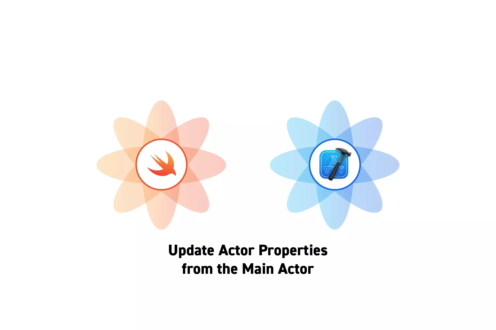 Two flowers that represent Swift and Xcode side by side. Beneath them sits the text "Update Actor Properties from the Main Actor."