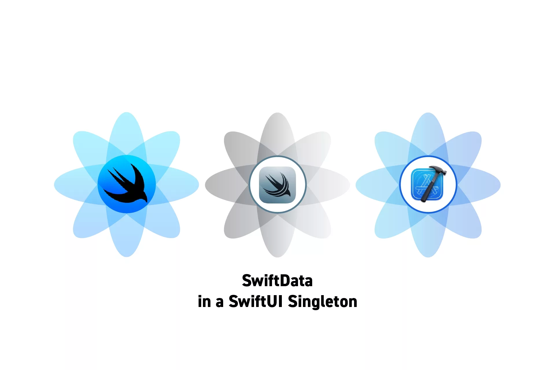 Three flowers that represent SwiftData, SwiftUI and XCode side by side. Beneath them sits the text "SwiftData in a SwiftUI Singleton."