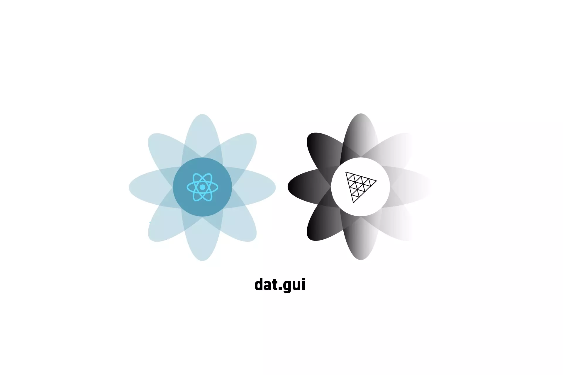 Two flowers that represent ReactJS and ThreeJS side by side. Beneath them sits the text "dat.gui."