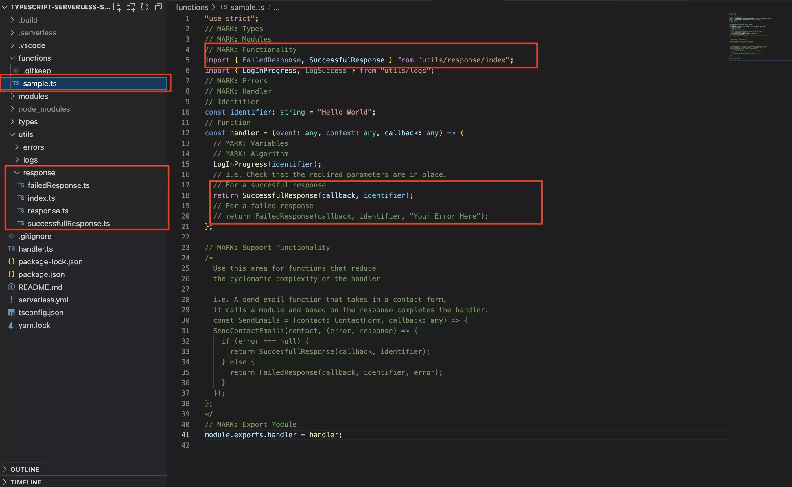A screenshot of VSCode with highlights over the folders for the responses and functions; as well as highlights over the code that's available in sample.ts, which offers the imports to the responses and where the sample responses are found.
