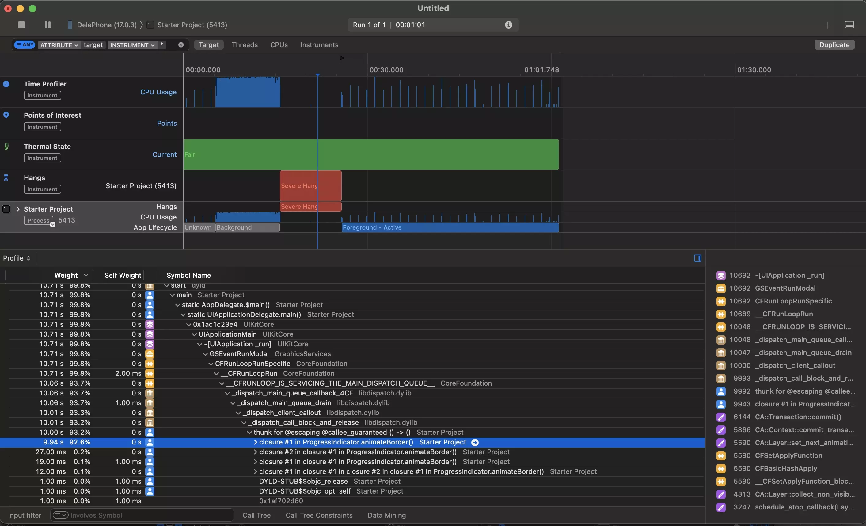 A screenshot of Instruments showing how we diagnosed the situation and learned that the progress indicator animation was the culprit.