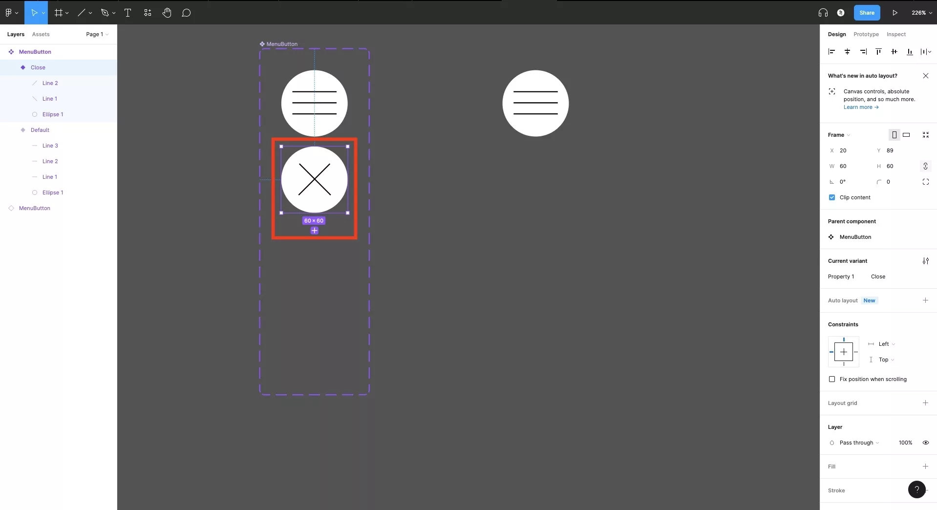 Illustrate your variation to your desired design. In our case we went from a hamburger icon to a close icon.