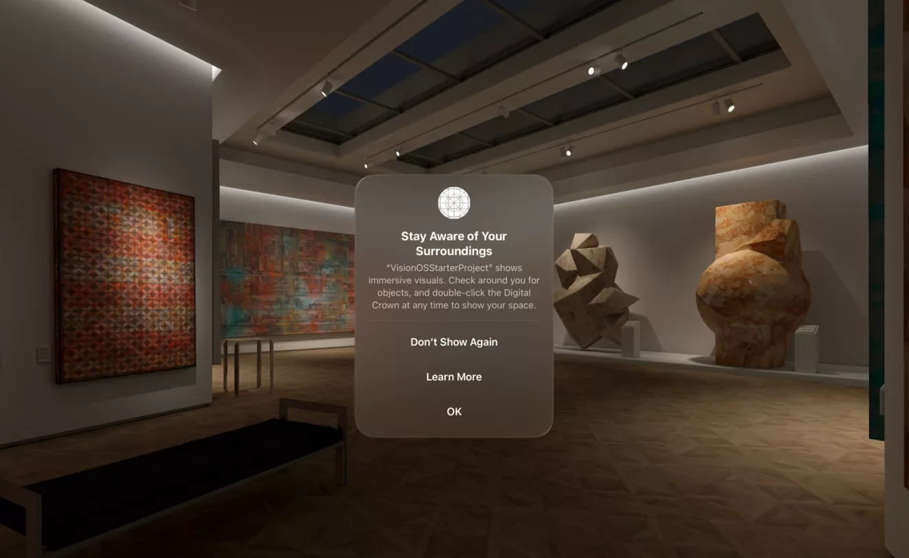 A screenshot of the VisionOS simulator showing the pop up that appears when you open an immersive space.