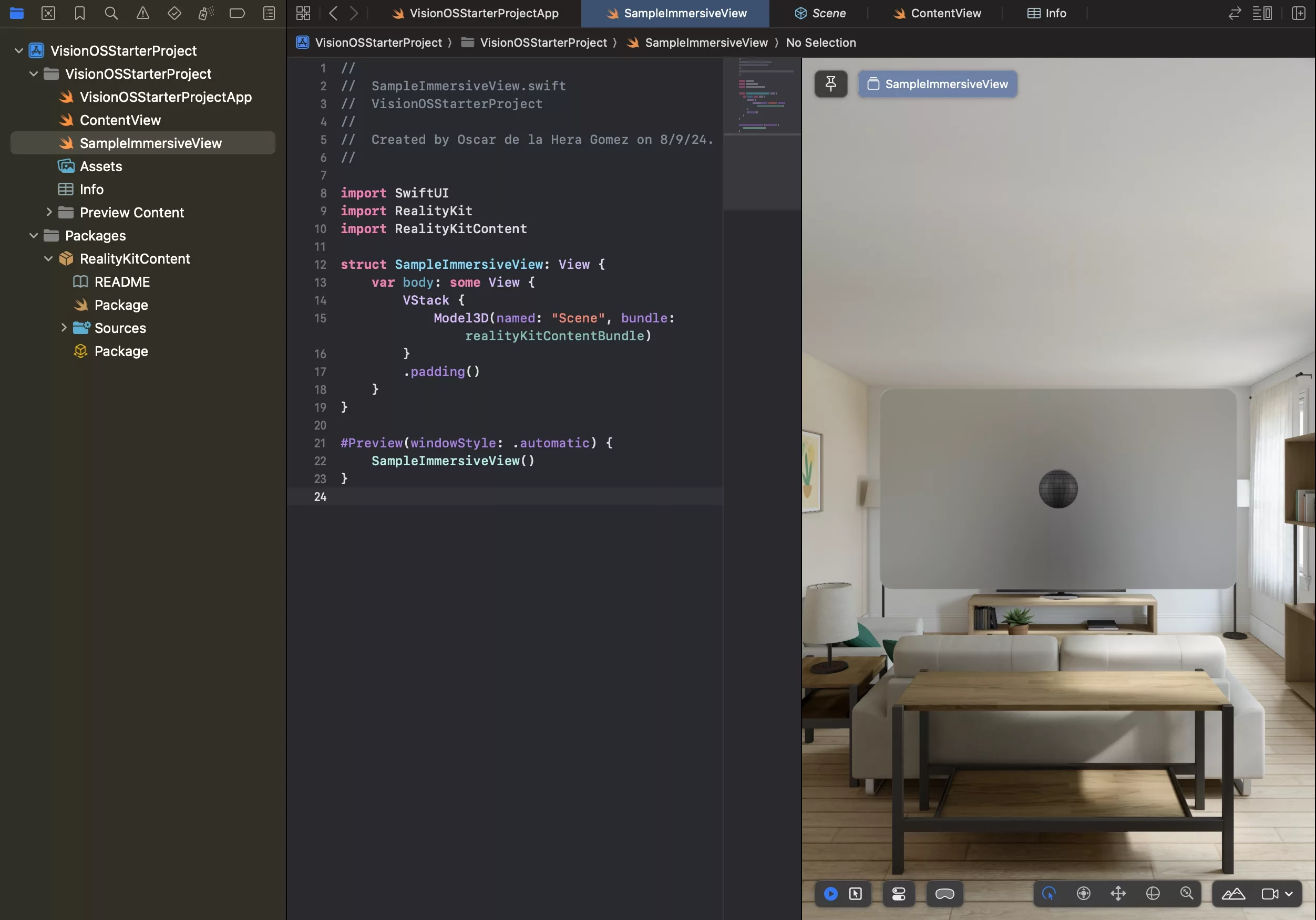 A screenshot of XCode showing a new file that holds a 3D model.