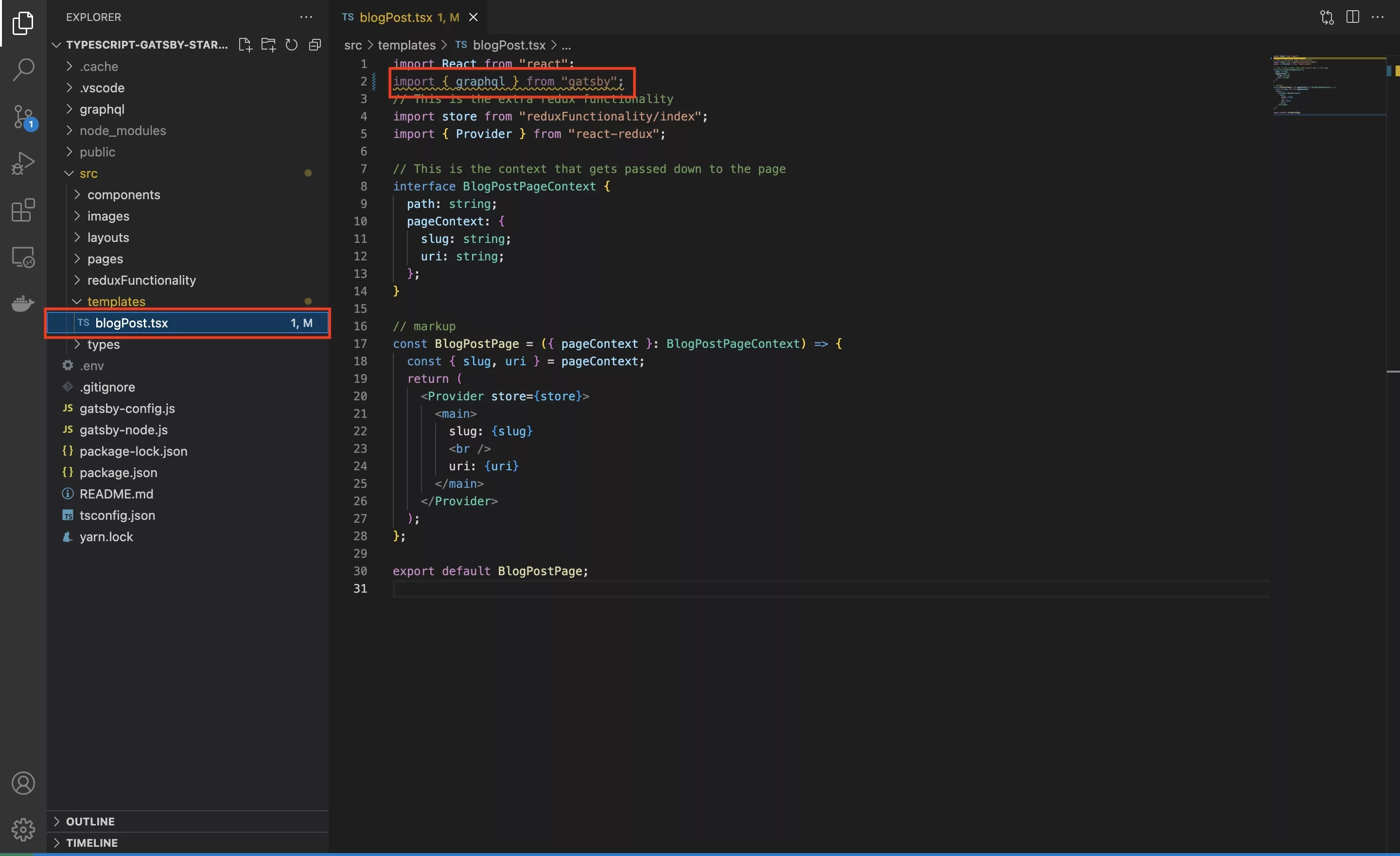 A screenshot of VSCode showing you how to import GraphQL into a GatsbyJS template in order to execute a variable page query.