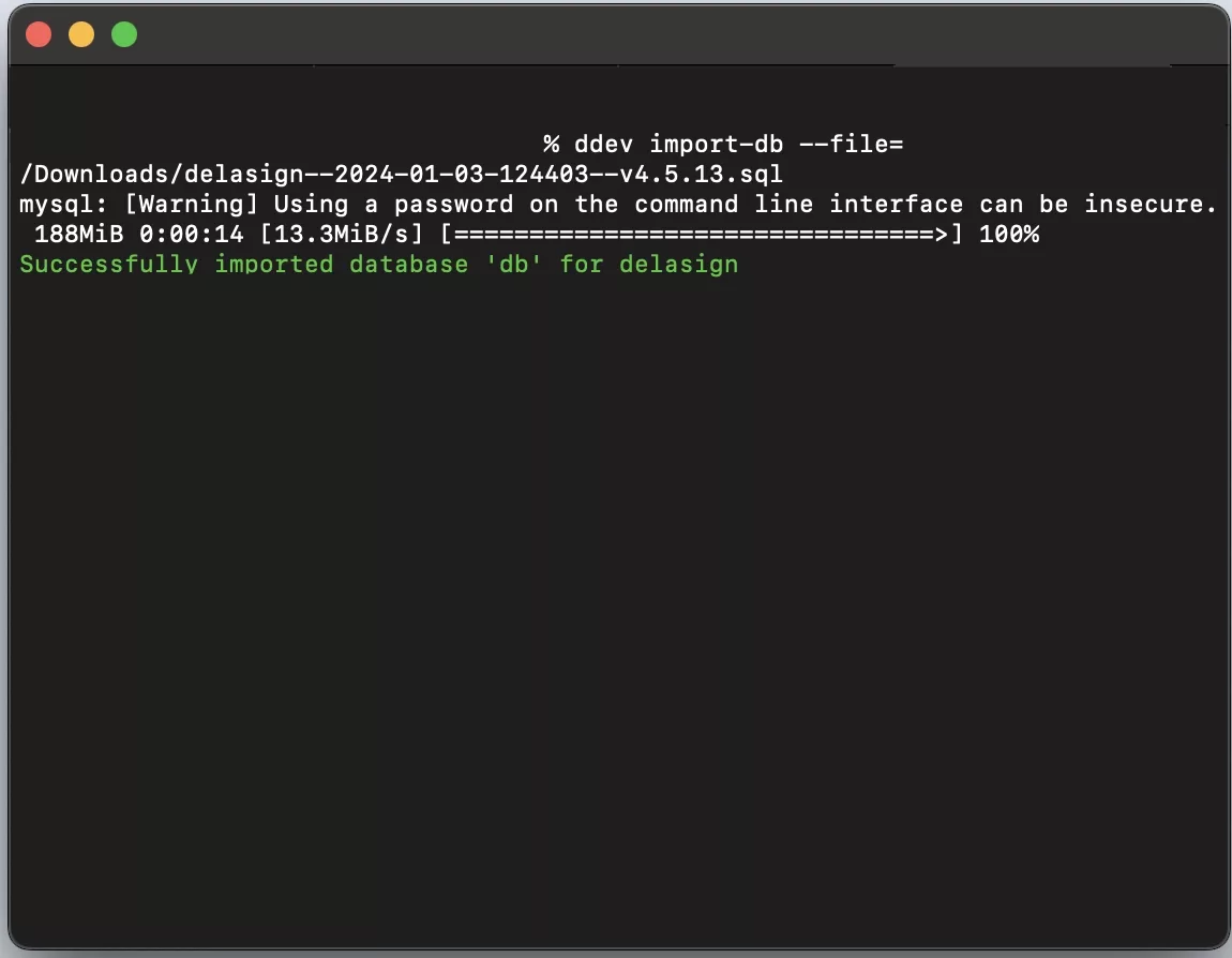 A screenshot of Terminal showing you that if you run the line found below the DB will be successfully imported into the DDEV Craft CMS instance.