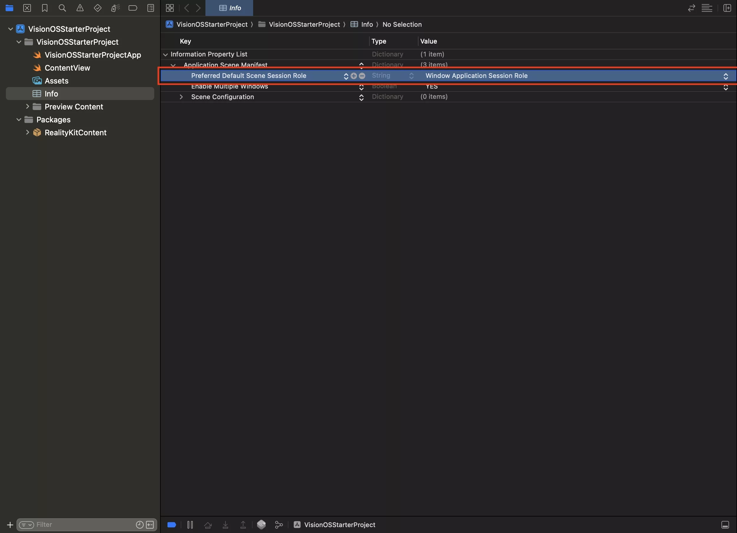 Sample info.plist highlighting how you need to set the preferred default scene session role to Window Application Session Role.