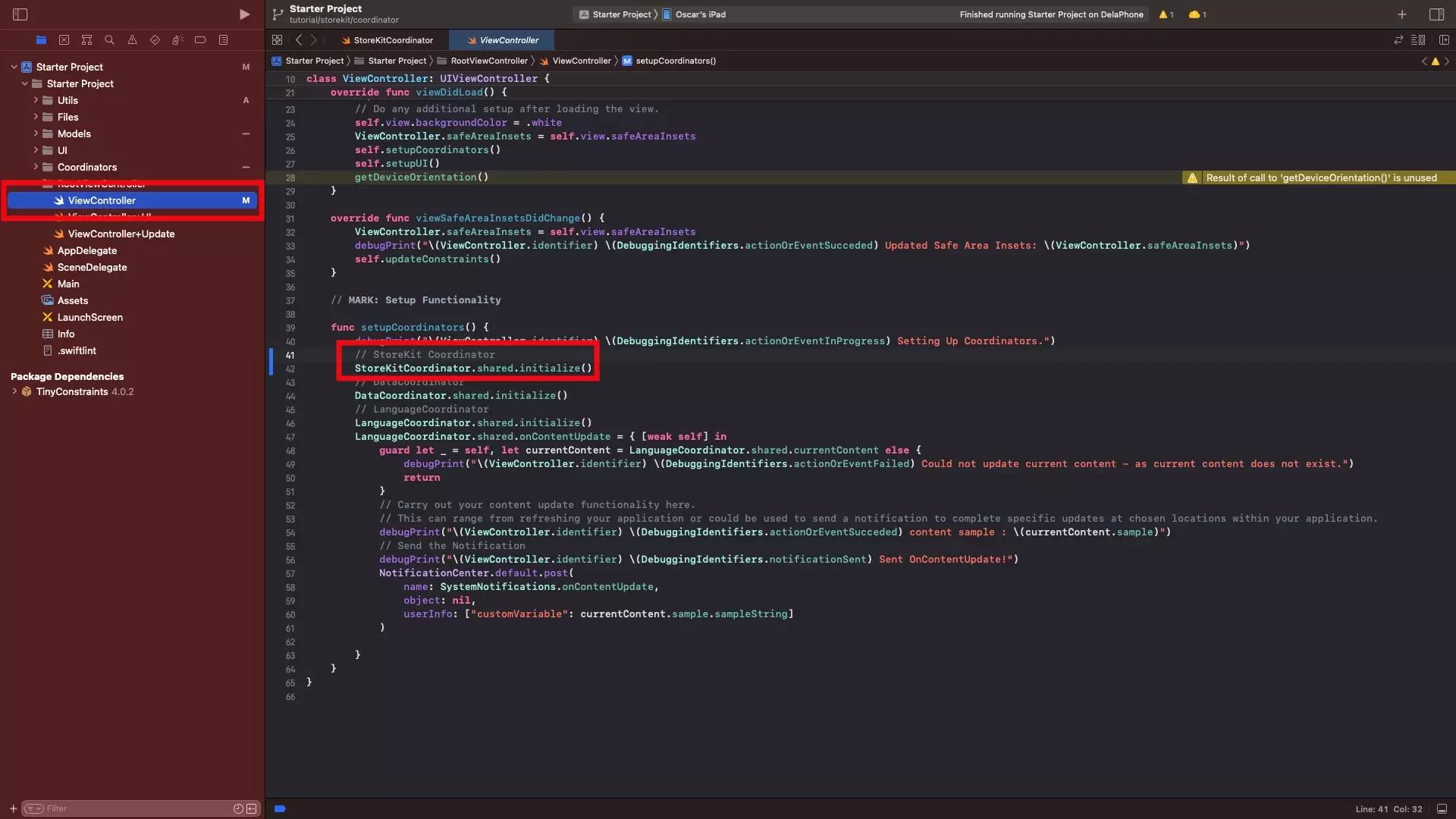 A screenshot of XCode showing how we initialized the StoreKitCoordinator.