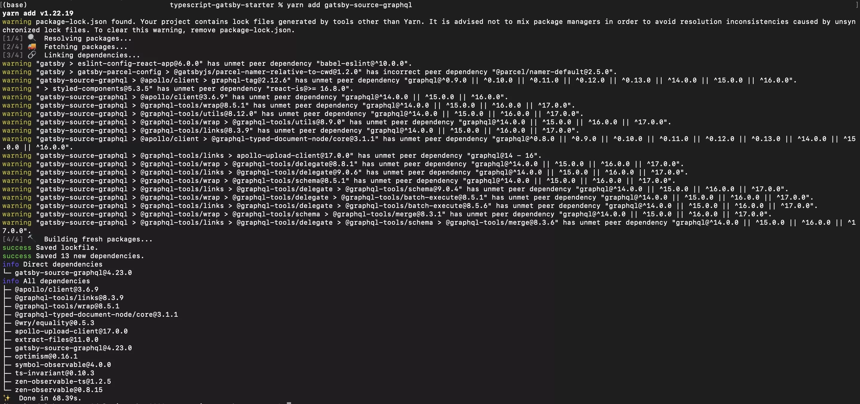 A screenshot of terminal running the line required to install the gatsby-source-graphql dependency.