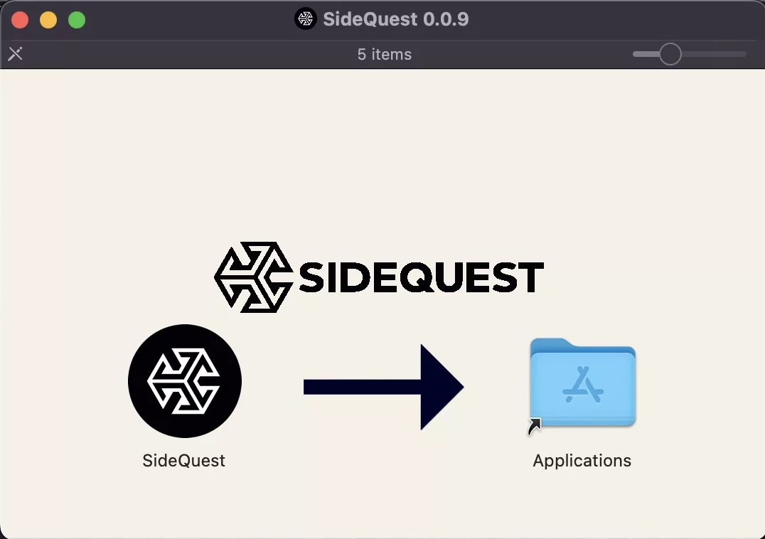 A screenshot of the window that appears in Mac when you open the Sidequest DMG. Drag SideQuest into the applications folder and continue to the next step.