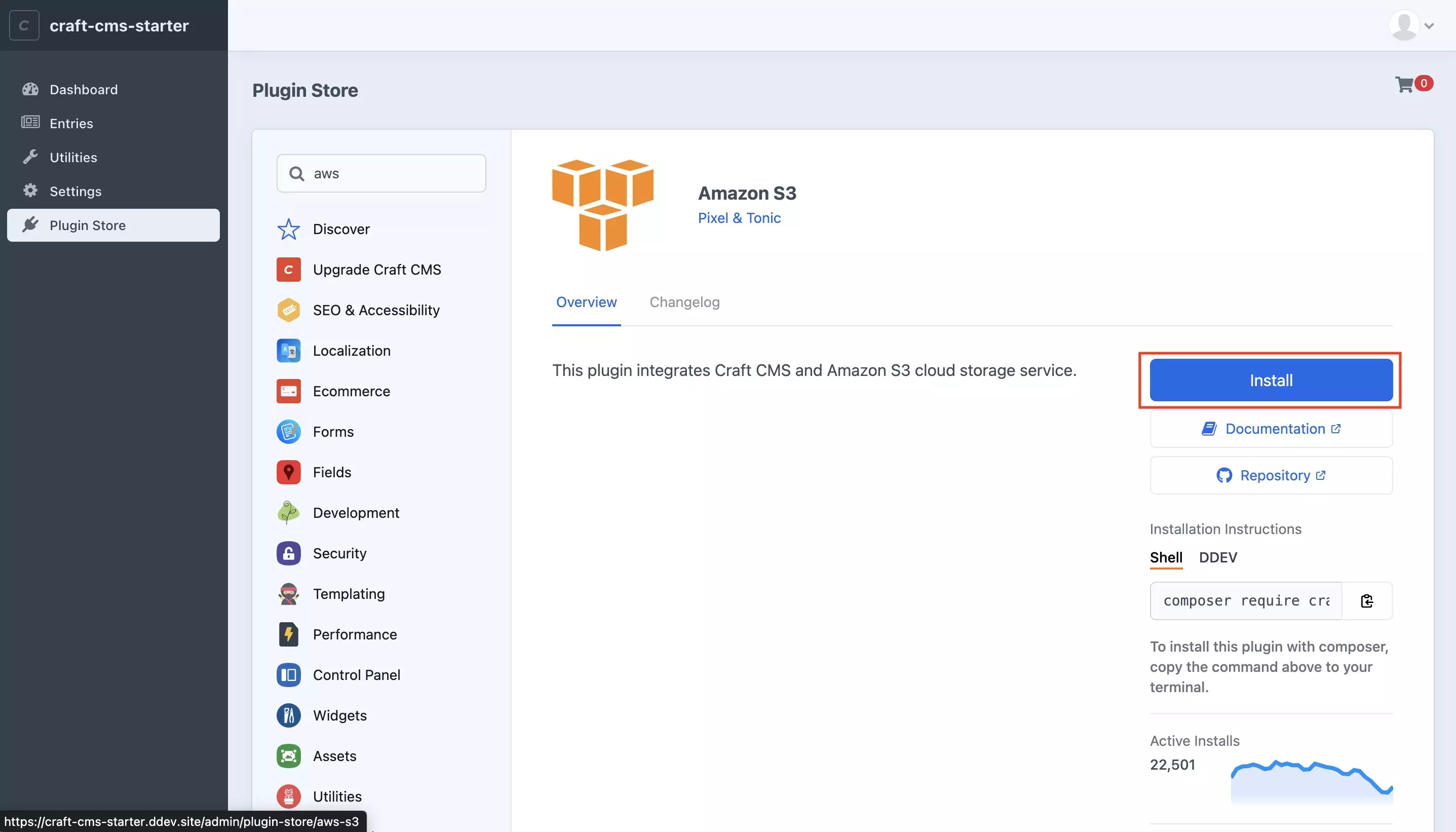 A screenshot of the Amazon S3 plugin in the Craft CMS Plugin Store.  Highlighted is the "install" button. Press it and move on to the next step.