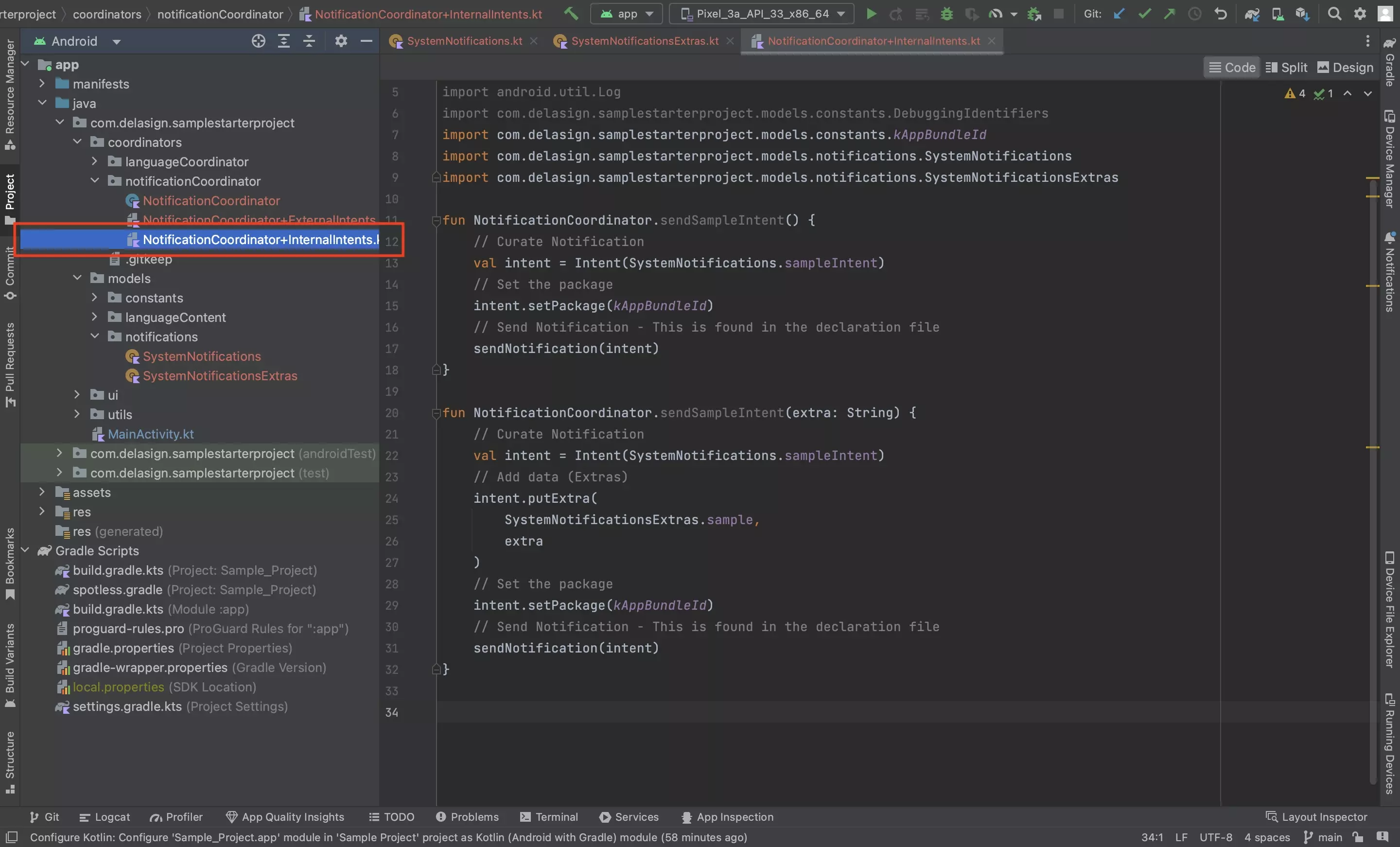 A screenshot of Android Studio showing how to send an internal intent and one with extras. Code available below.