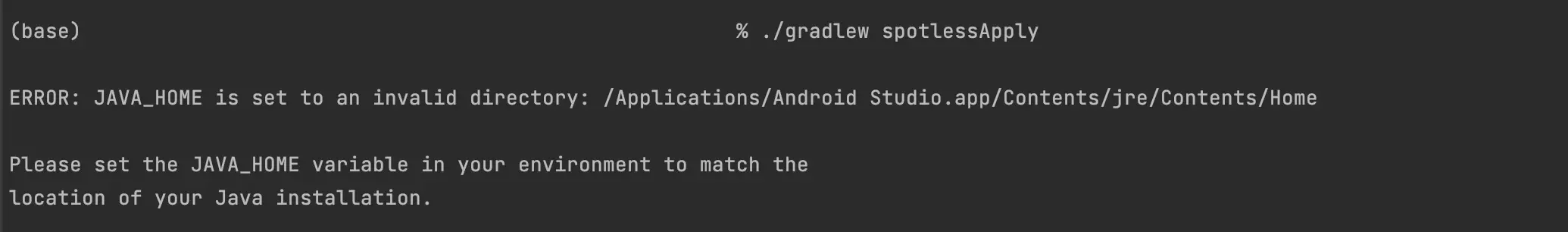 A screenshot of Terminal in Android Studio showing the JAVA HOME Invalid Directory Error.