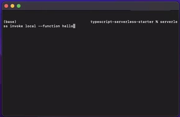 A screenshot of terminal showing you how to invoke the hello function created by Serverless in their out of the box project. This out of the box project is our open source project, with a few adaptations that make it work with Typescript.